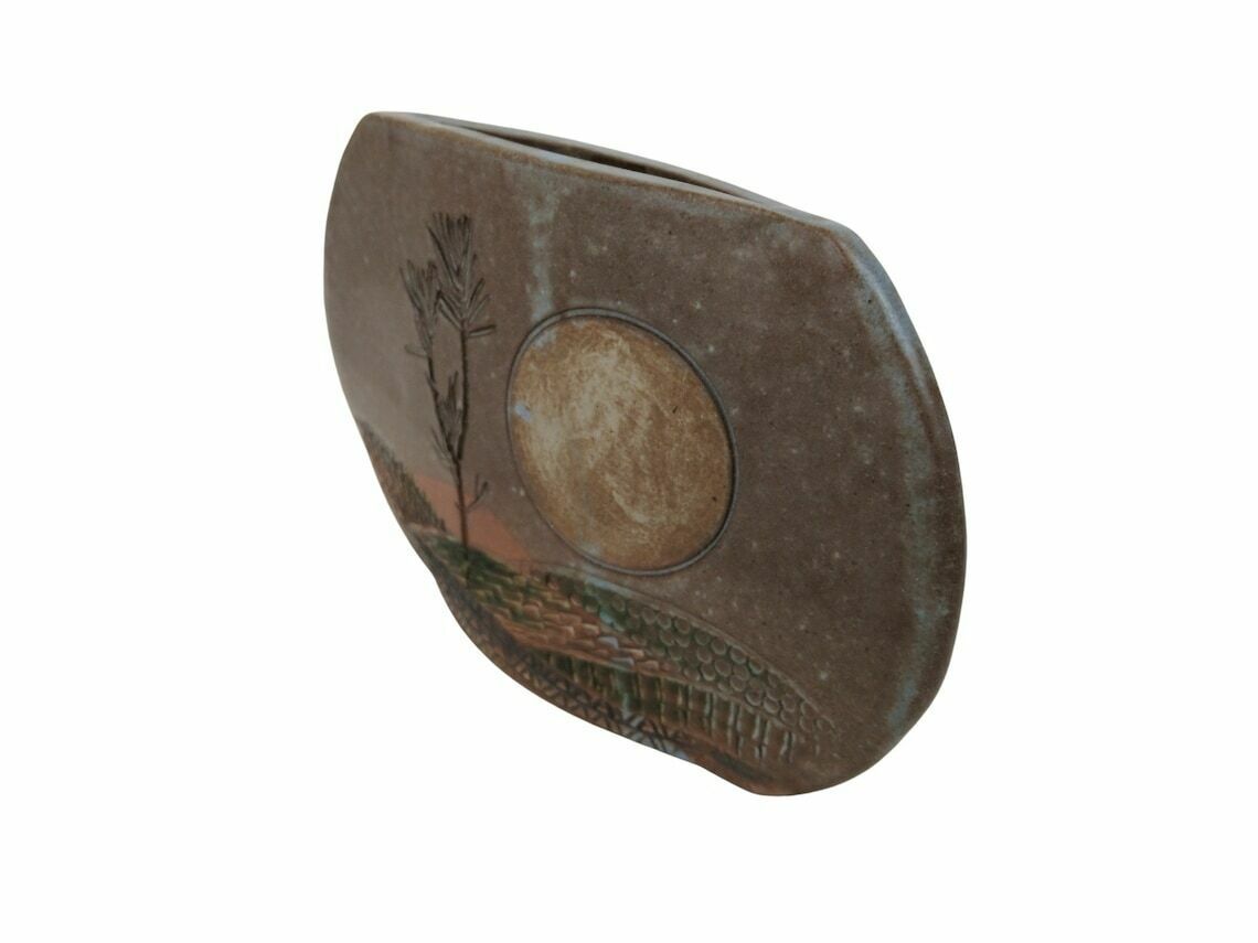 Mid Century Art Studio Pottery Vase With Full Moon And Tree Landscape Signed Ap, Modernist French Mcm Ceramic photo for sale