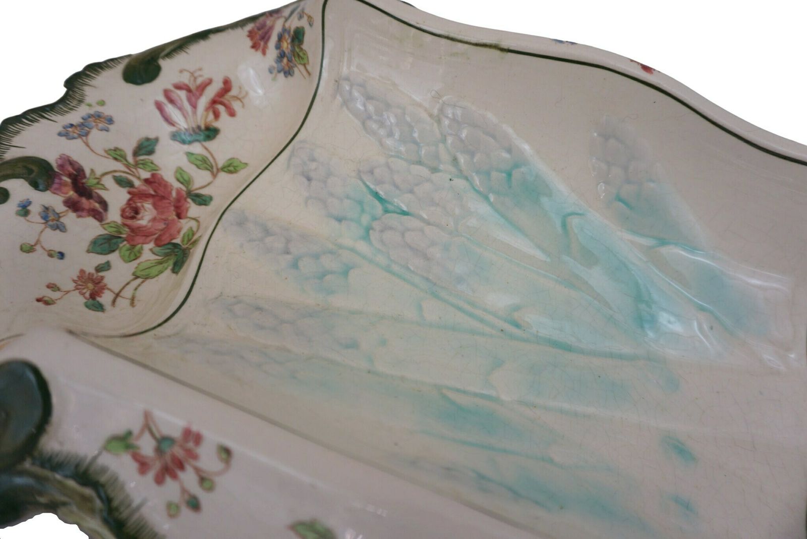 Antique French Faience Asparagus Cradle Platter By Longchamp With Hand Painted Spring Flower Decor photo vinterior
