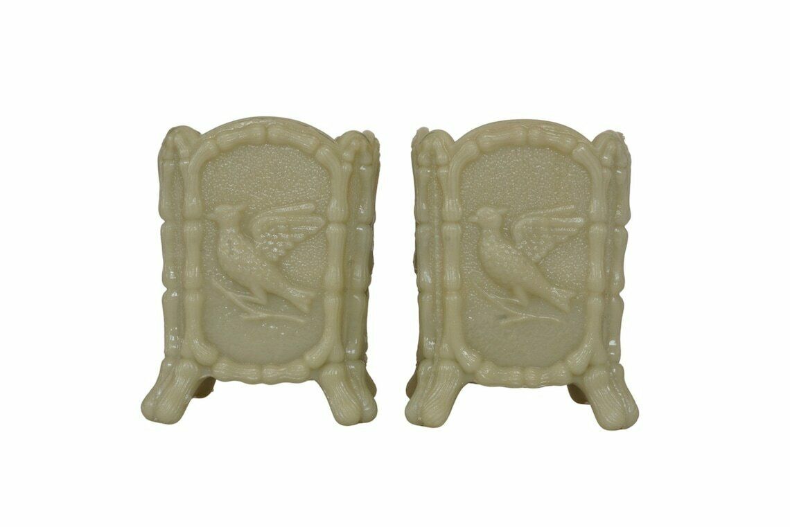 French Art Nouveau Opaline Vases Pair With Birds And Butterflies, Antique Ernest Schmid Art Milk Glass Jewelry Holders photo Home Decor