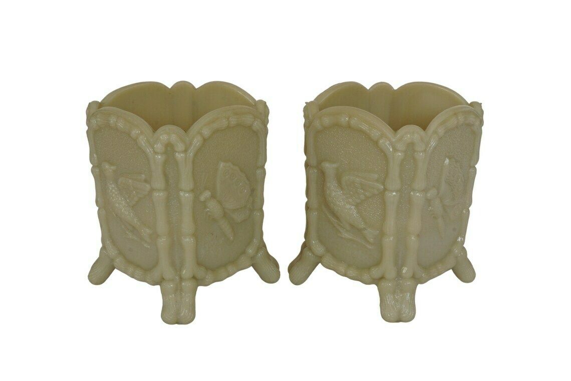 photo furniture French Art Nouveau Opaline Vases Pair With Birds And Butterflies, Antique Ernest Schmid Art Milk Glass Jewelry Holders