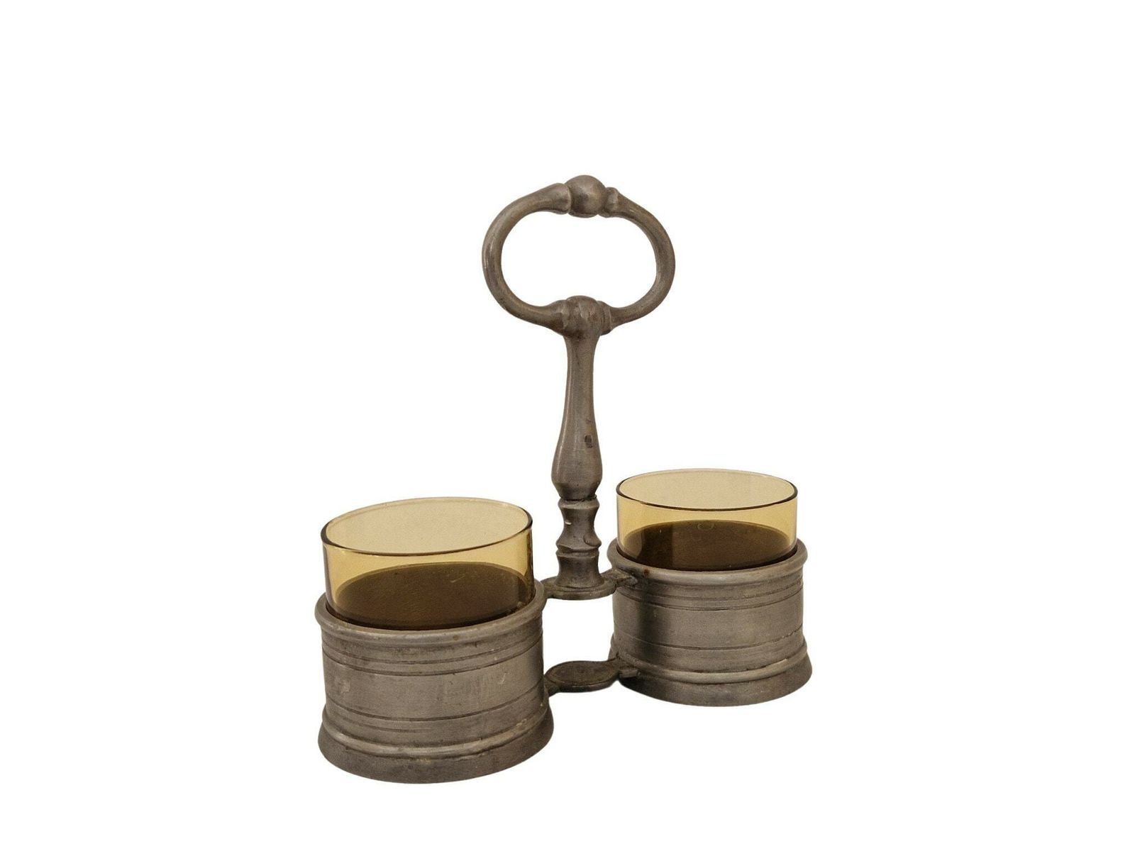 French Pewter Salt And Pepper Cellar Set With Brown Glass Bowls, Condiment Cruet Set With Cradle photo furniture