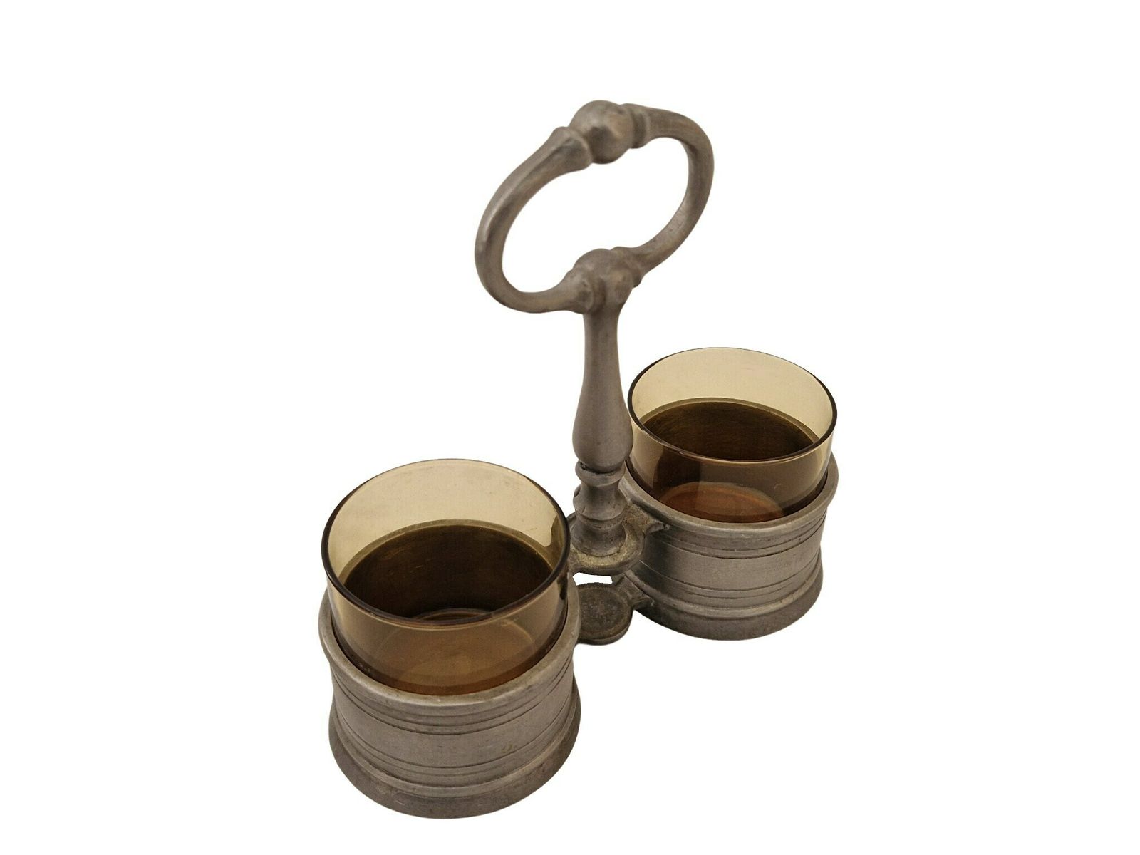 French Pewter Salt And Pepper Cellar Set With Brown Glass Bowls, Condiment Cruet Set With Cradle photo for sale