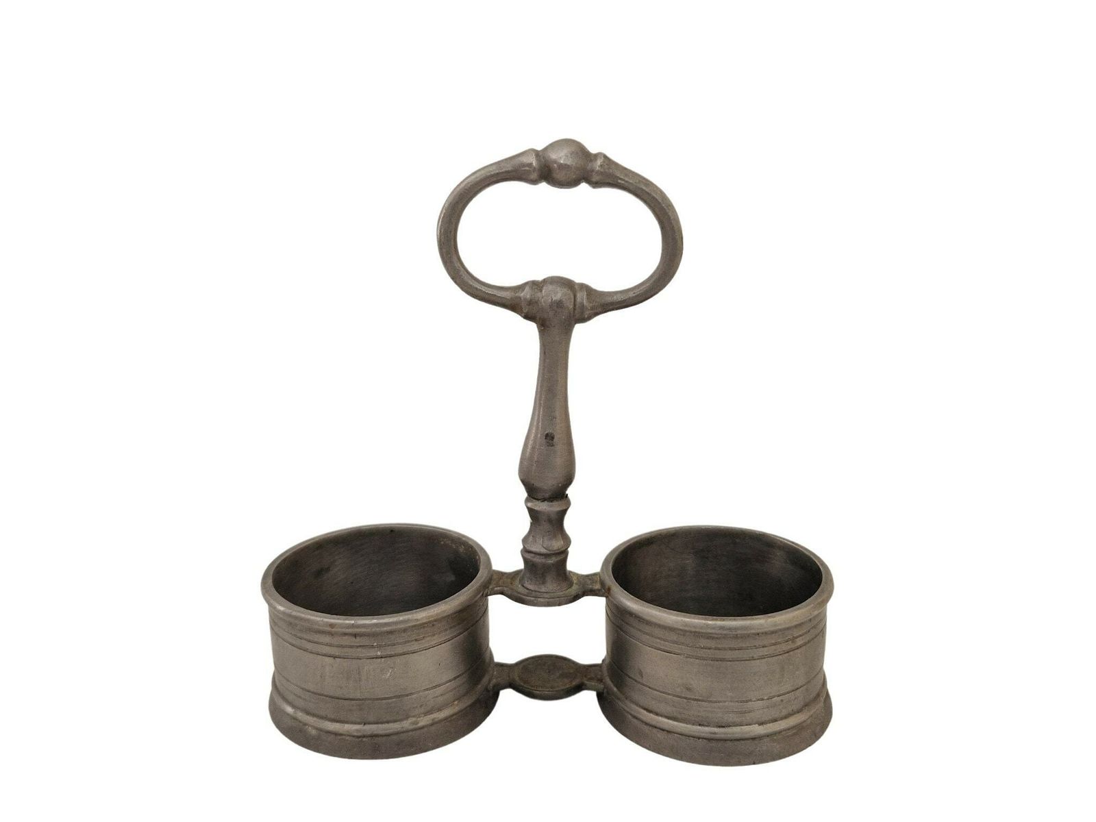 French Pewter Salt And Pepper Cellar Set With Brown Glass Bowls, Condiment Cruet Set With Cradle photo buy