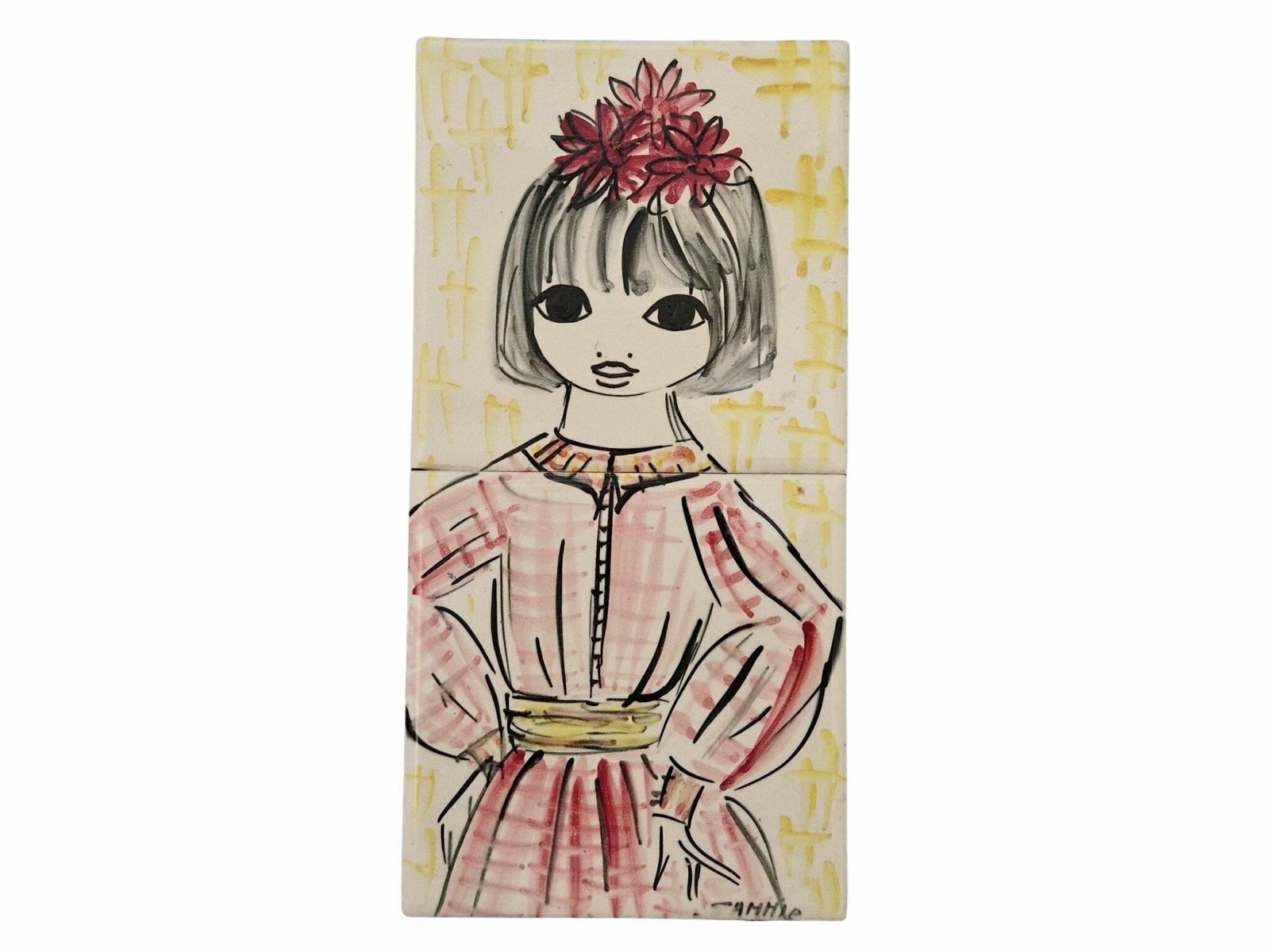 Mid Century Ceramic Tile Wall Hanging With Hand Painted Big Eye Girl Portrait