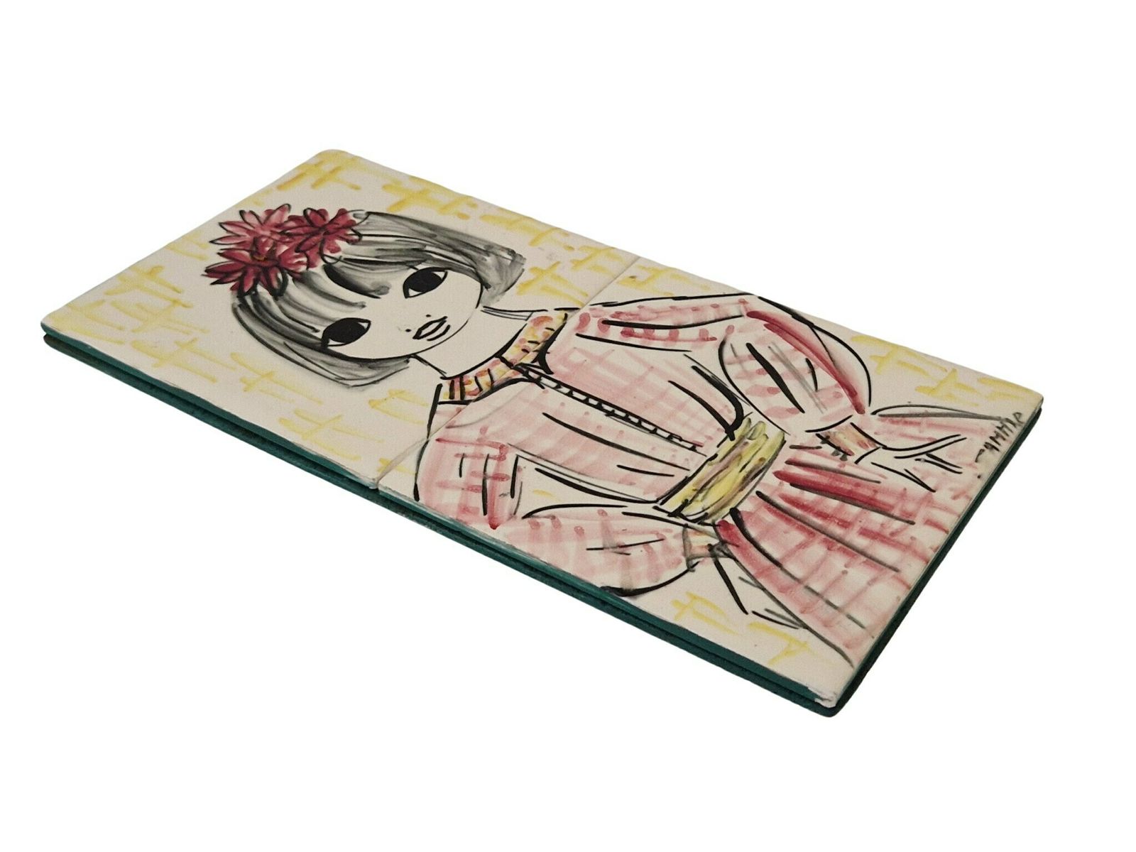 Mid Century Ceramic Tile Wall Hanging With Hand Painted Big Eye Girl Portrait photo for sale