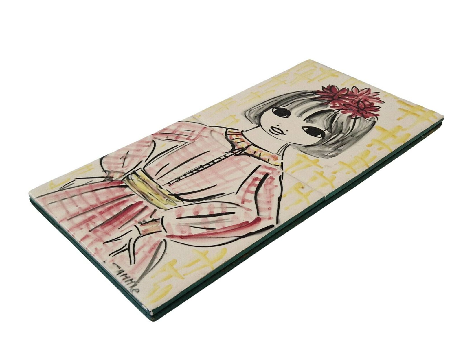 Mid Century Ceramic Tile Wall Hanging With Hand Painted Big Eye Girl Portrait photo Art