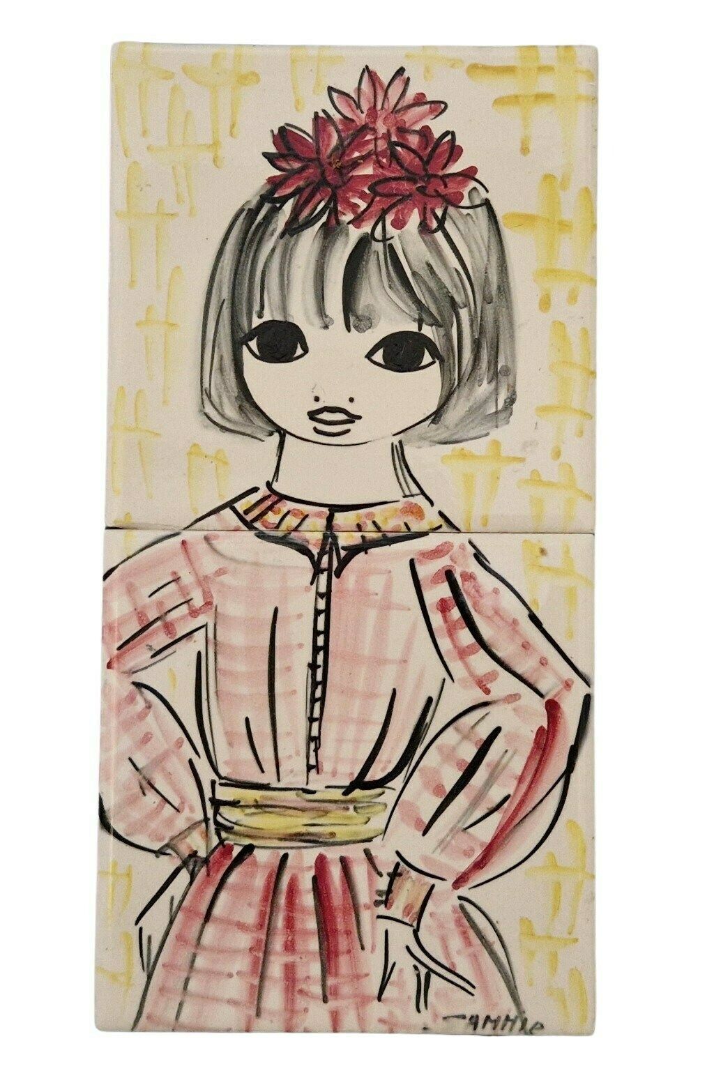 photo furniture Mid Century Ceramic Tile Wall Hanging With Hand Painted Big Eye Girl Portrait