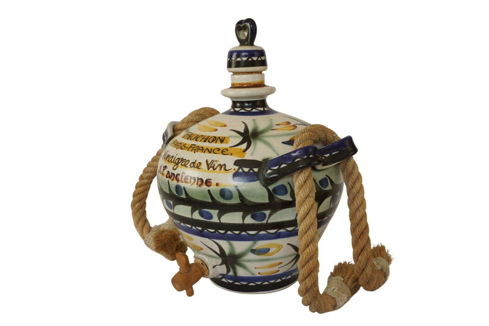 Keraluc Quimper Pottery Vinegar Jug With Hand Painted Advertising For Fauchon Paris, Rustic French Kitchen Decor photo for sale