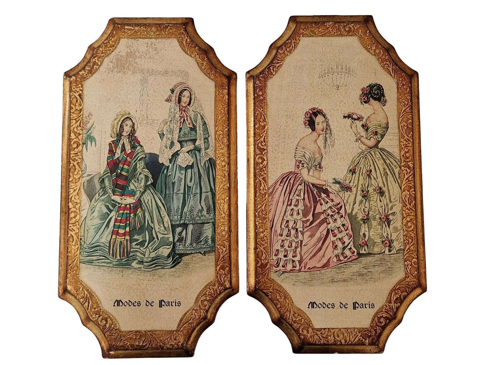 Florentine Modes De Paris Wall Hanging Plaques, Set Of 2, 19th Century Style French Fashion Prints