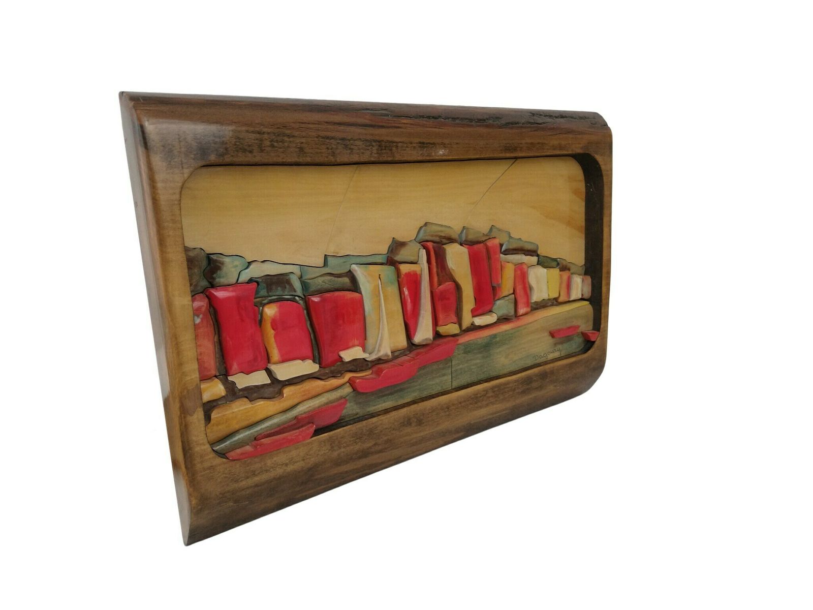 3d Abstract Seascape With Sailing Boats Wall Art Plaque, Vintage French Hand Carved Wood Nautical Panel photo vintage