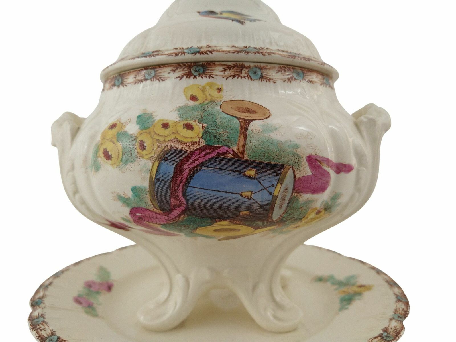 French Ironstone Tureen By Choisy Le Roi With Transferware Musical Instruments, French Ceramic Serving Dish With Plate And Lid photo for sale