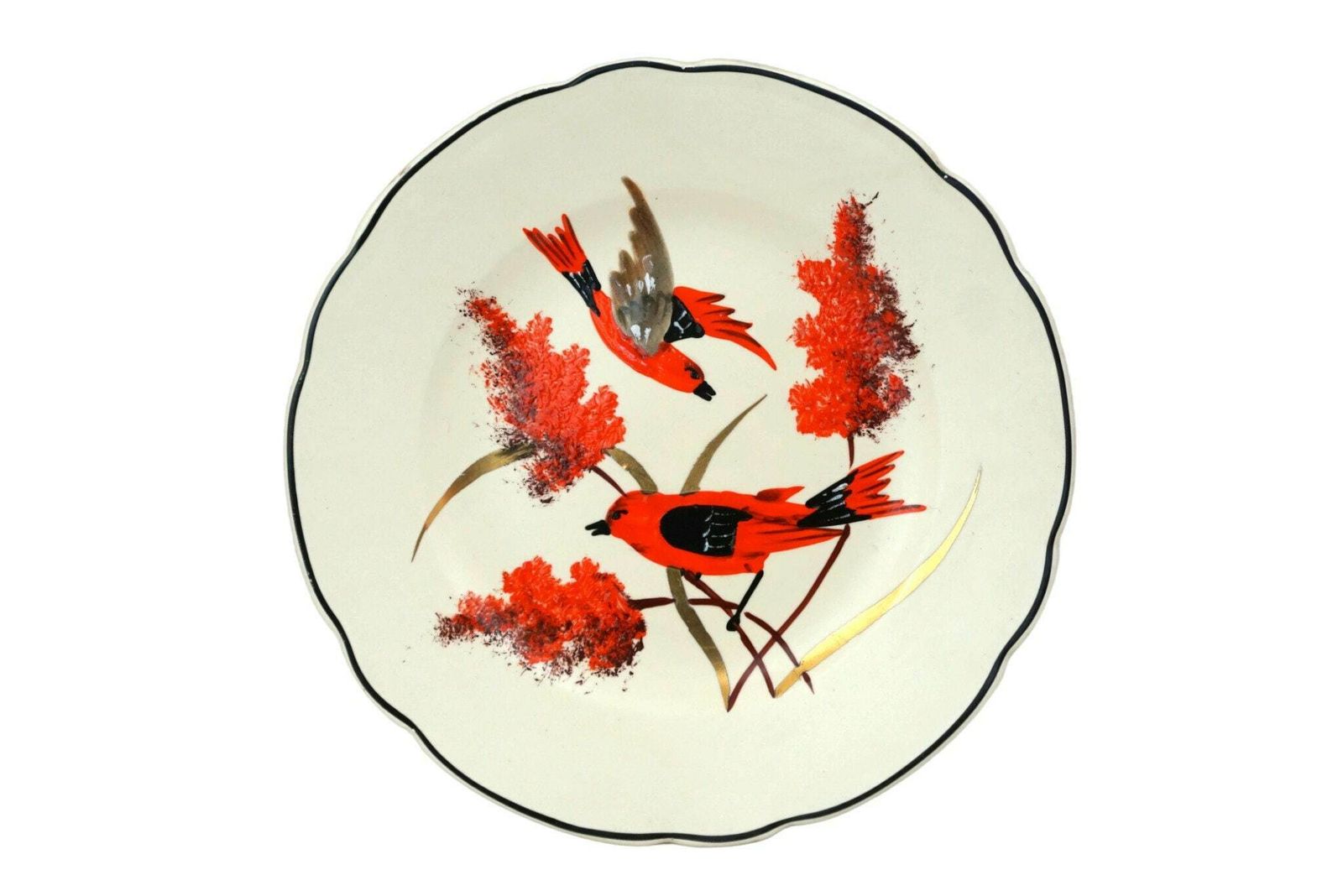Art Deco Ceramic Plate With Hand Painted Cardinal Birds By Longwy, Vintage French Home Decor