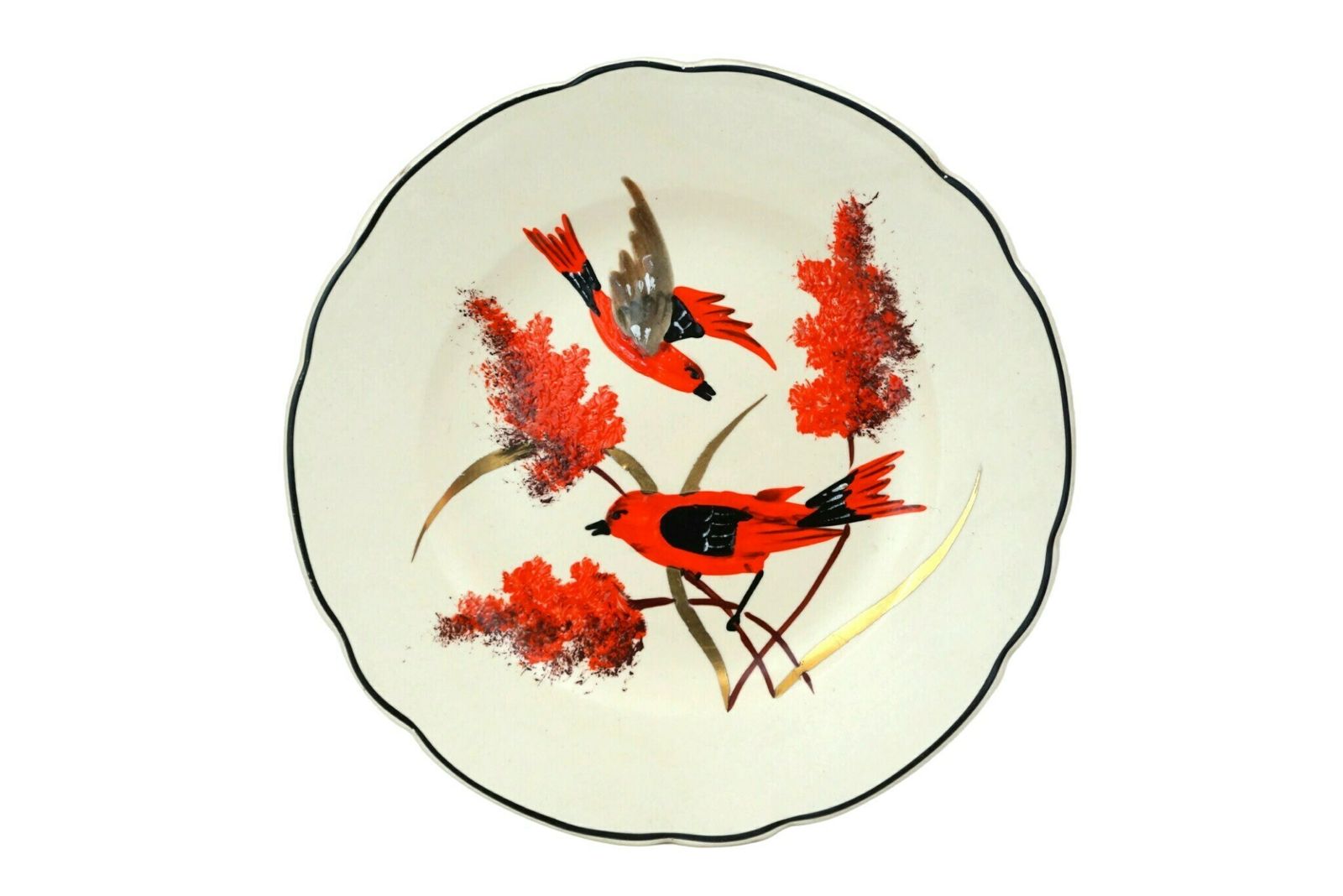 Art Deco Ceramic Plate With Hand Painted Cardinal Birds By Longwy, Vintage French Home Decor photo for sale