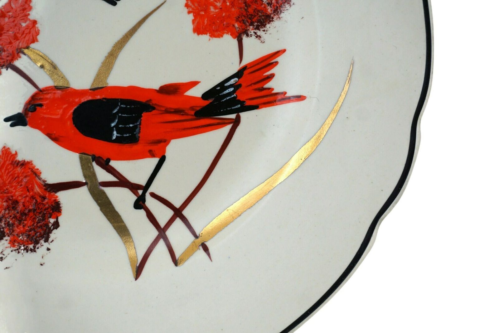 Art Deco Ceramic Plate With Hand Painted Cardinal Birds By Longwy, Vintage French Home Decor photo vinterior