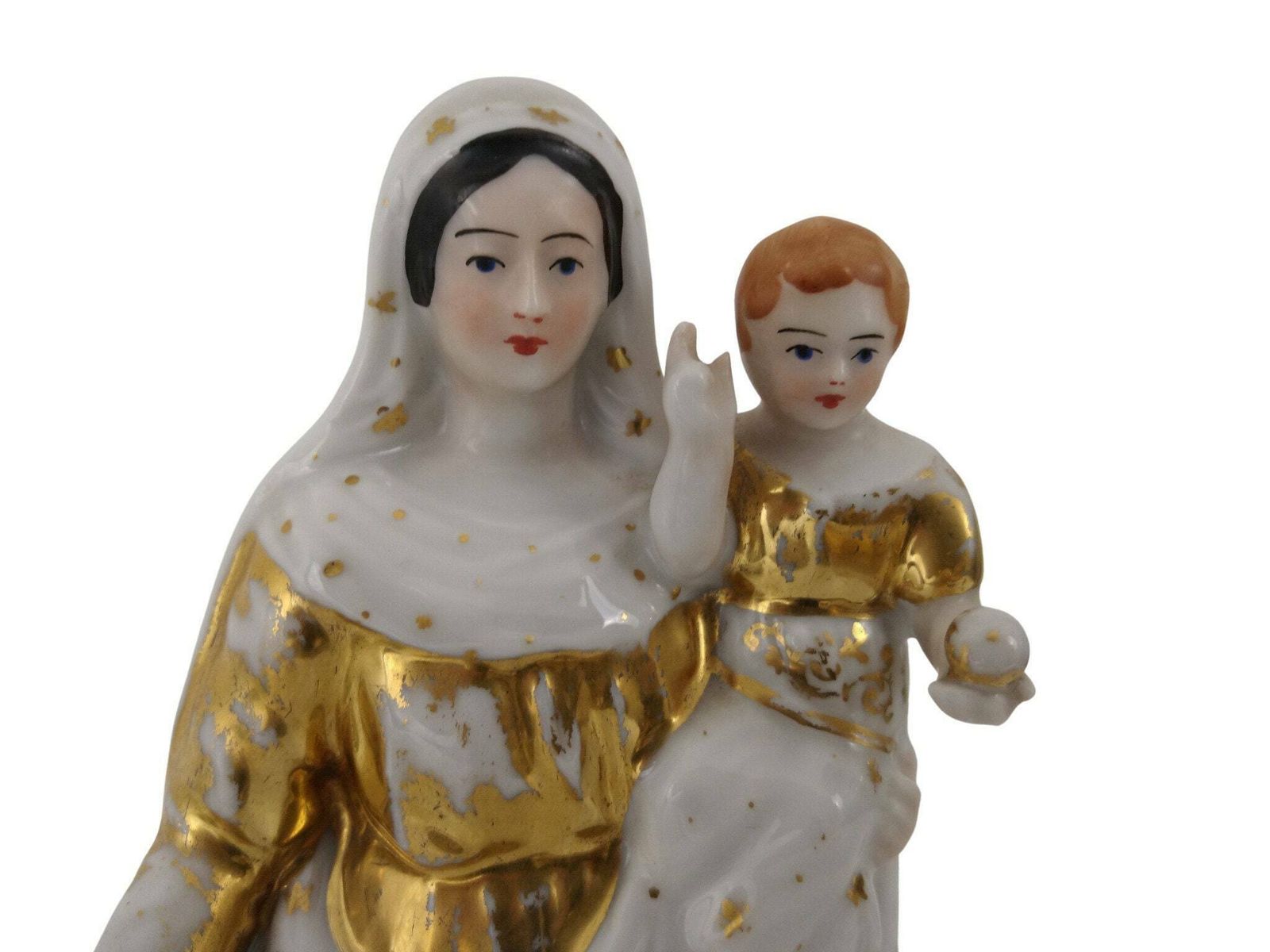 Antique Virgin Mary And Infant Jesus Porcelain Statue, 19th Century French Christian Mother And Child Saint Figurine photo for sale
