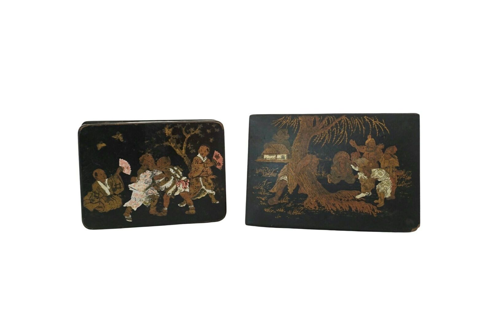 Antique French Lacquered Thread And Thimble Box Pair With Asian Folk Art Decoration photo furniture