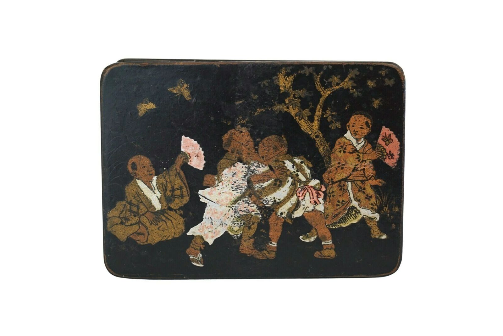 Antique French Lacquered Thread And Thimble Box Pair With Asian Folk Art Decoration photo for sale