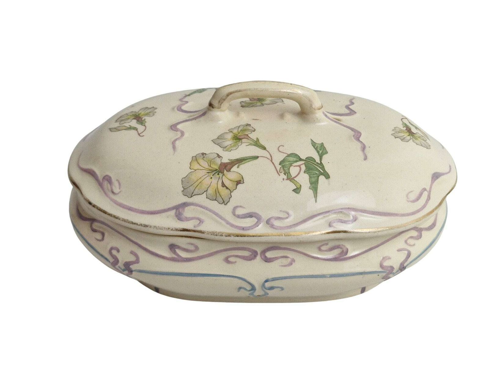 Art Nouveau Ceramic Jewelry Box With Flowers, Antique French Pottery Candy Dish photo furniture