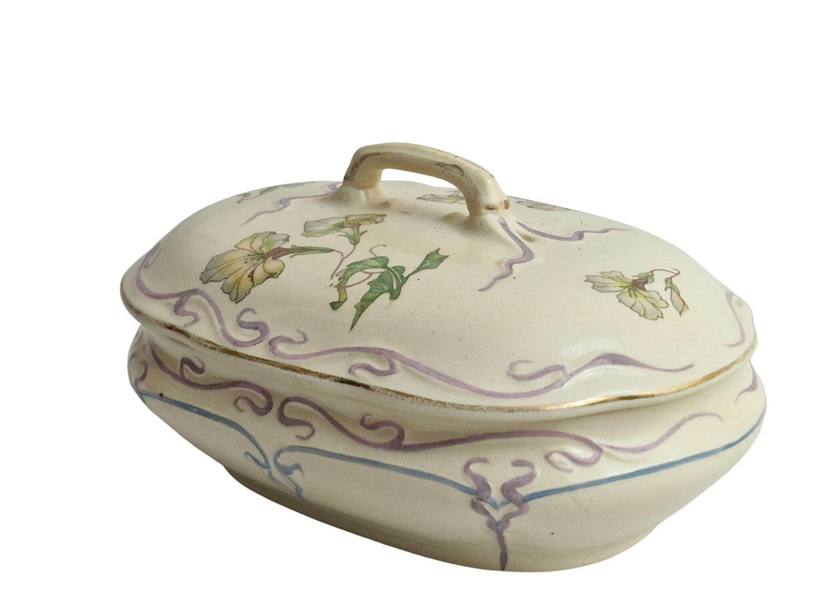 Art Nouveau Ceramic Jewelry Box With Flowers, Antique French Pottery Candy Dish photo 106.0