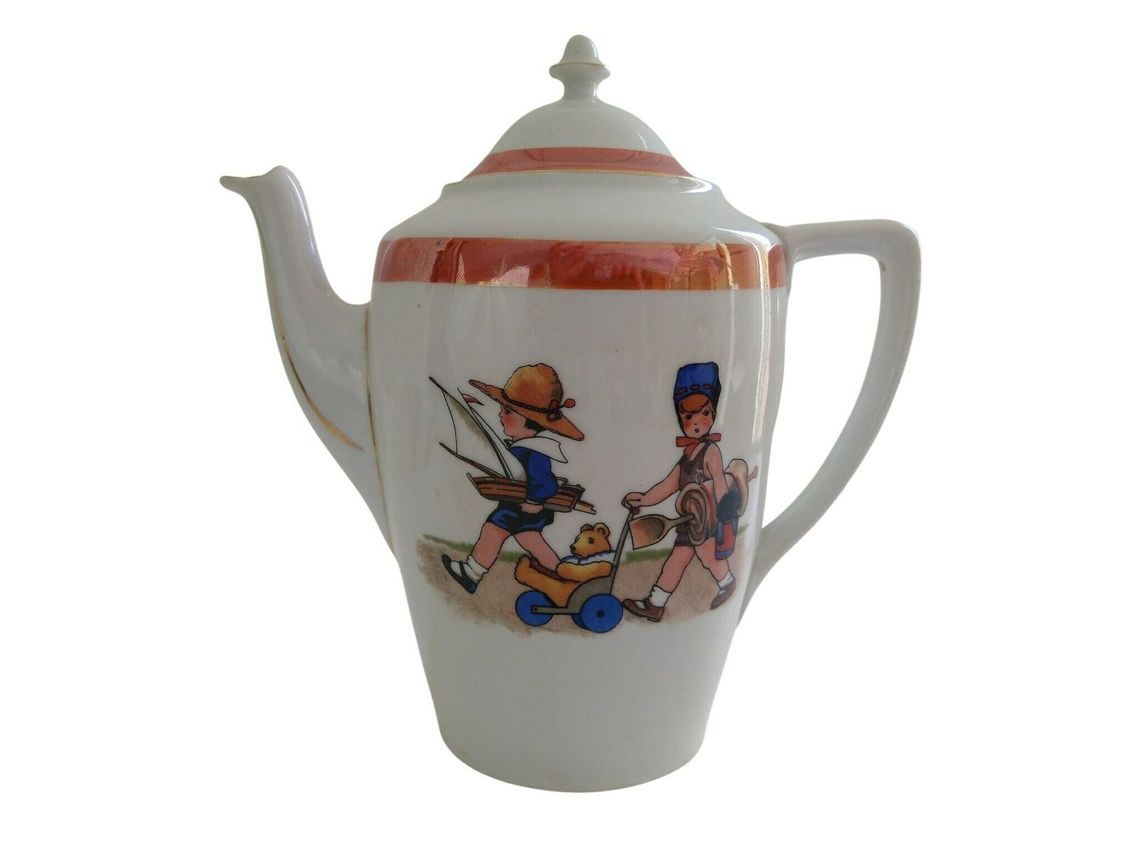 Art Deco Porcelain Tea And Coffee Service Set With Children Decor, Lusterware Teapot, Creamer And Sugar Bowl photo for sale