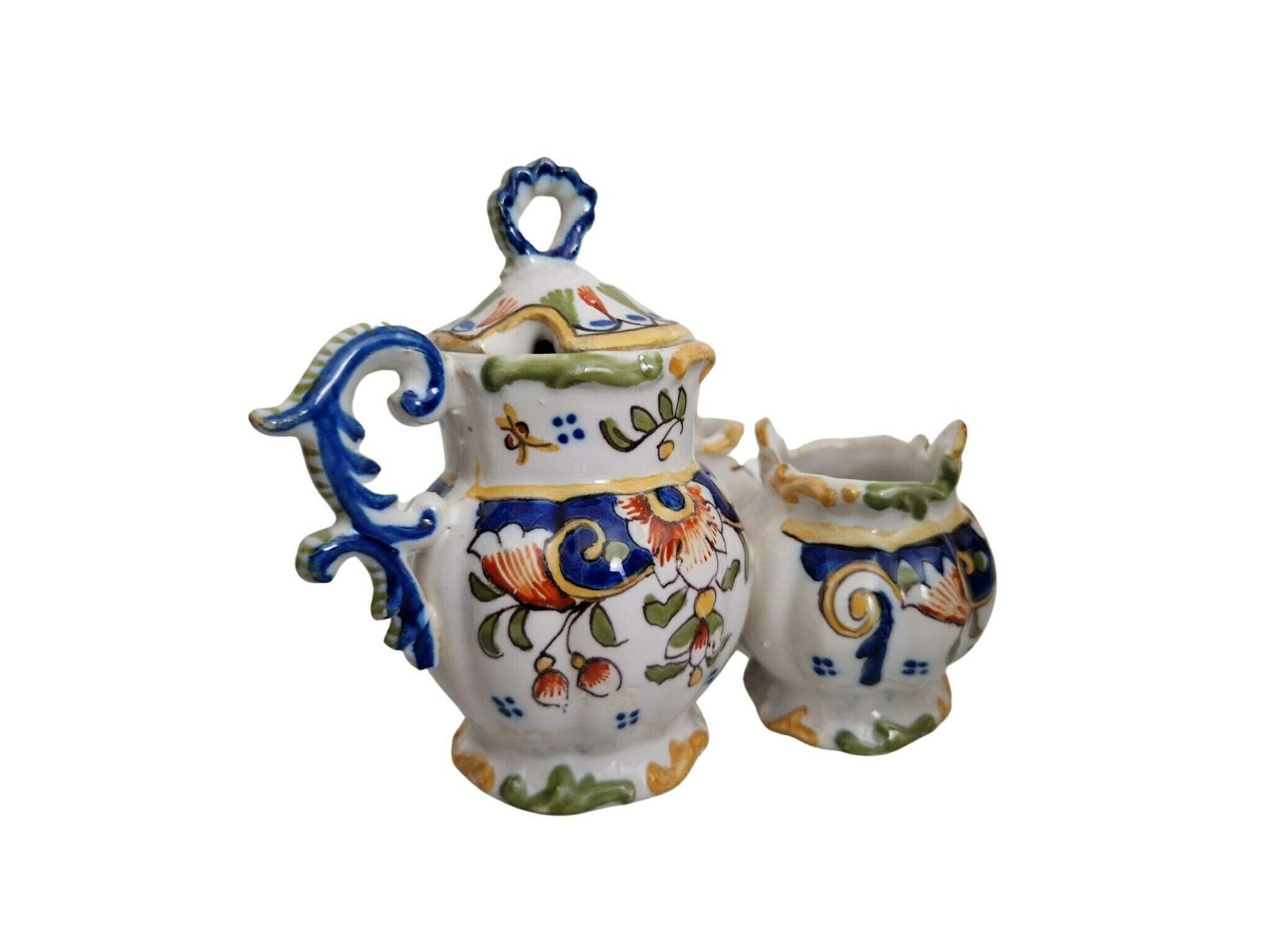 French Desvres Faience Cruet Set With Mustard Pot, Salt And Pepper Cellars By Georges Martel, Hand Painted Ceramic Table Decor photo furniture