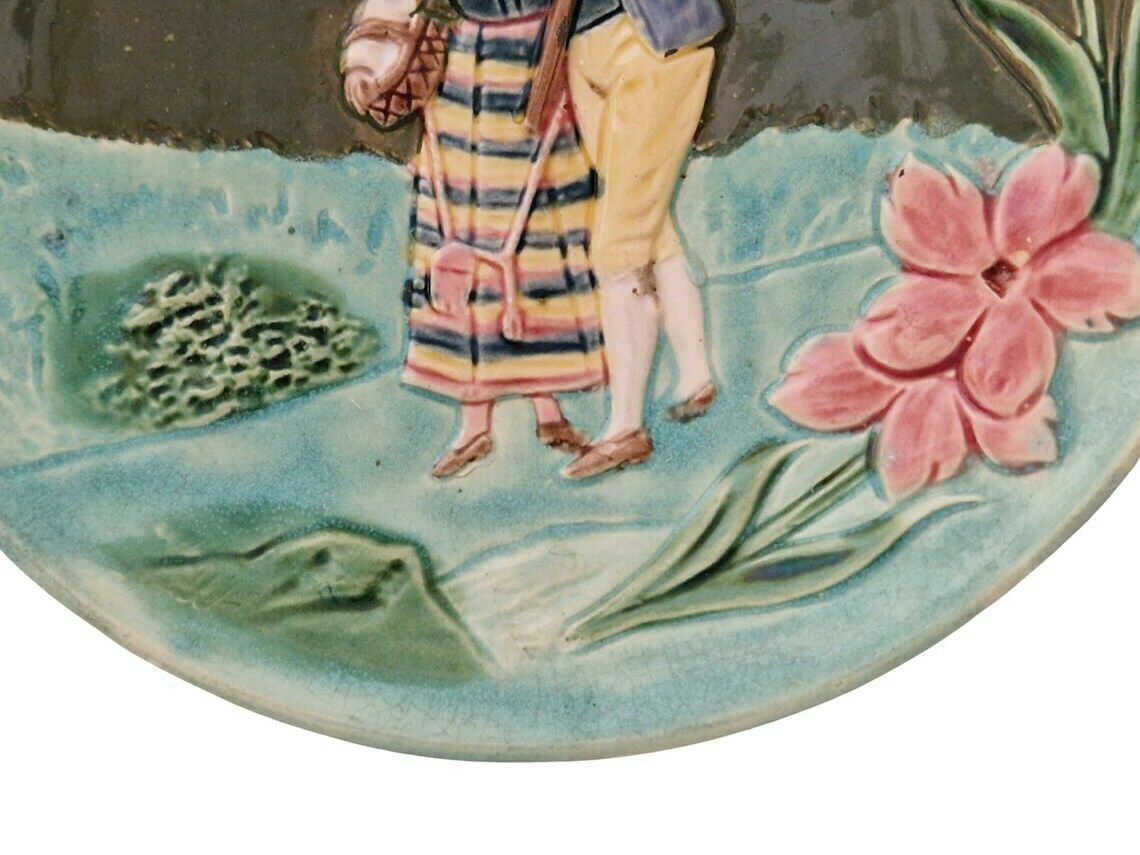 photo furniture Bavarian Majolica Plate With Couple In Folk Costumes, Art Nouveau Ceramic Wall Decor