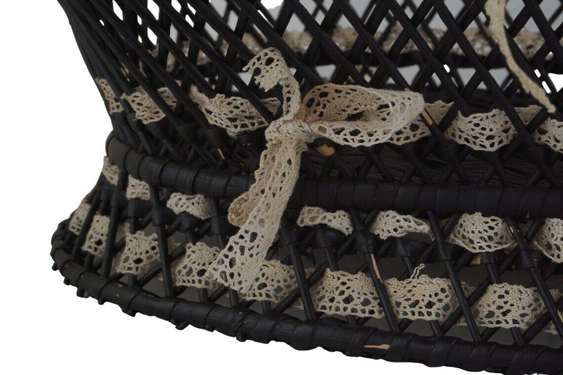 Antique French Wicker Basket With Ribbon Lace, Hand Woven Victorian Knitting Storage Bowl photo vintage