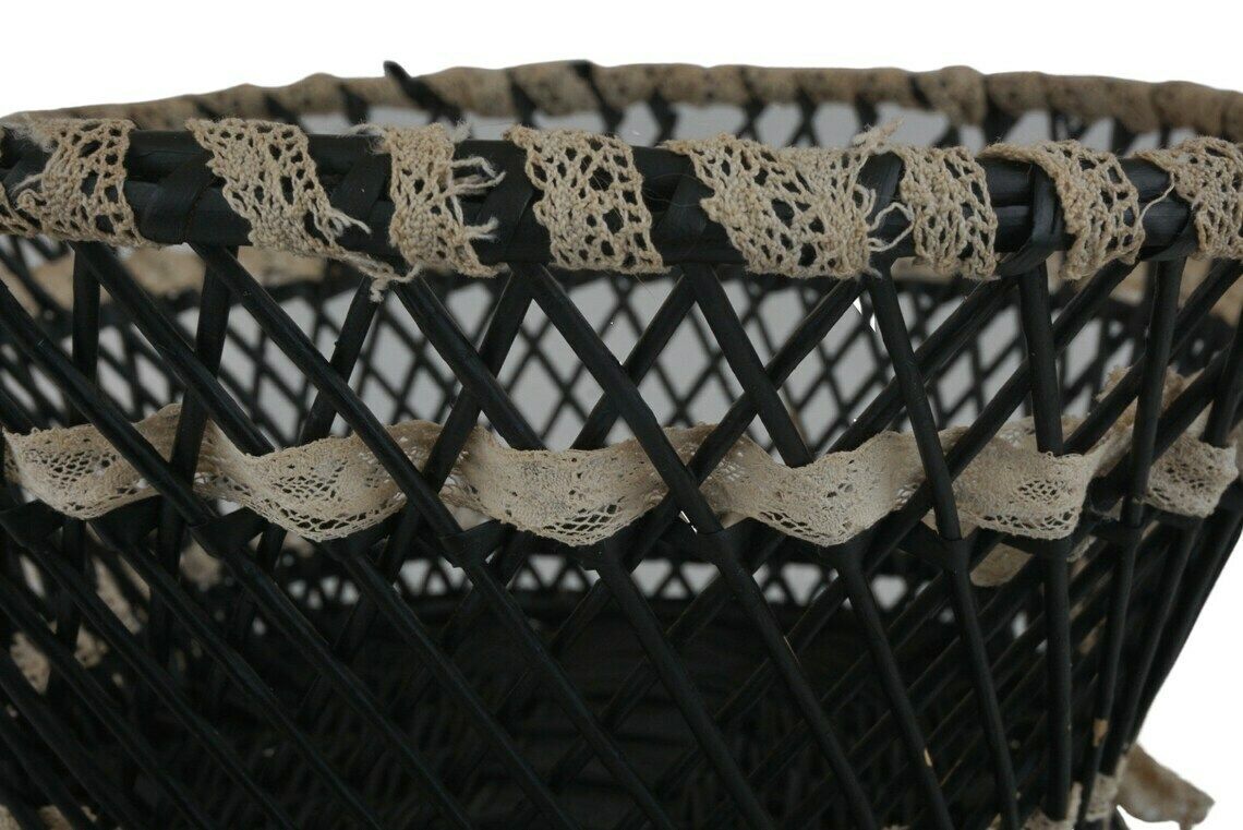 photo furniture Antique French Wicker Basket With Ribbon Lace, Hand Woven Victorian Knitting Storage Bowl