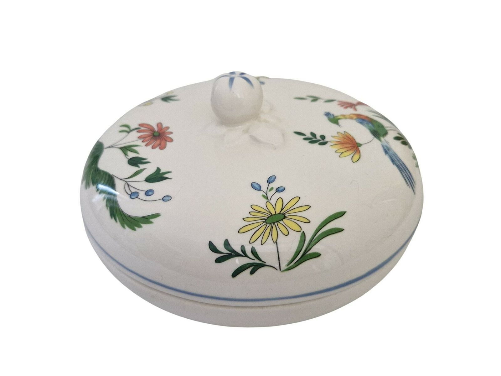 Gien Ceramic Candy Dish With Birds Of Paradise, French Faience Lidded Jewelry Box photo furniture
