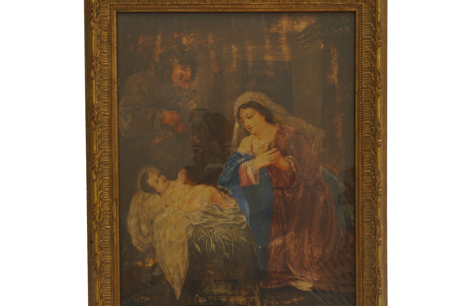 Antique Christmas Nativity Scene Painting, 18th Century French Religious Art With Baby Jesus, Virgin Mary And St Joseph photo for sale