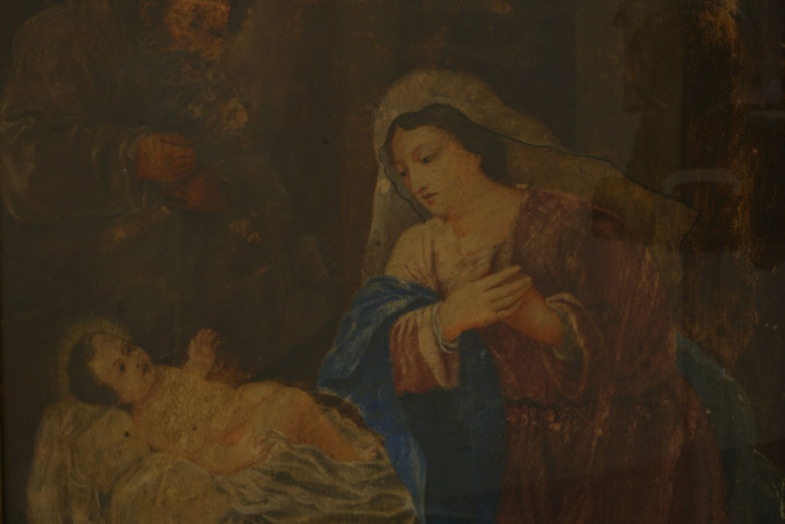 Antique Christmas Nativity Scene Painting, 18th Century French Religious Art With Baby Jesus, Virgin Mary And St Joseph photo Art