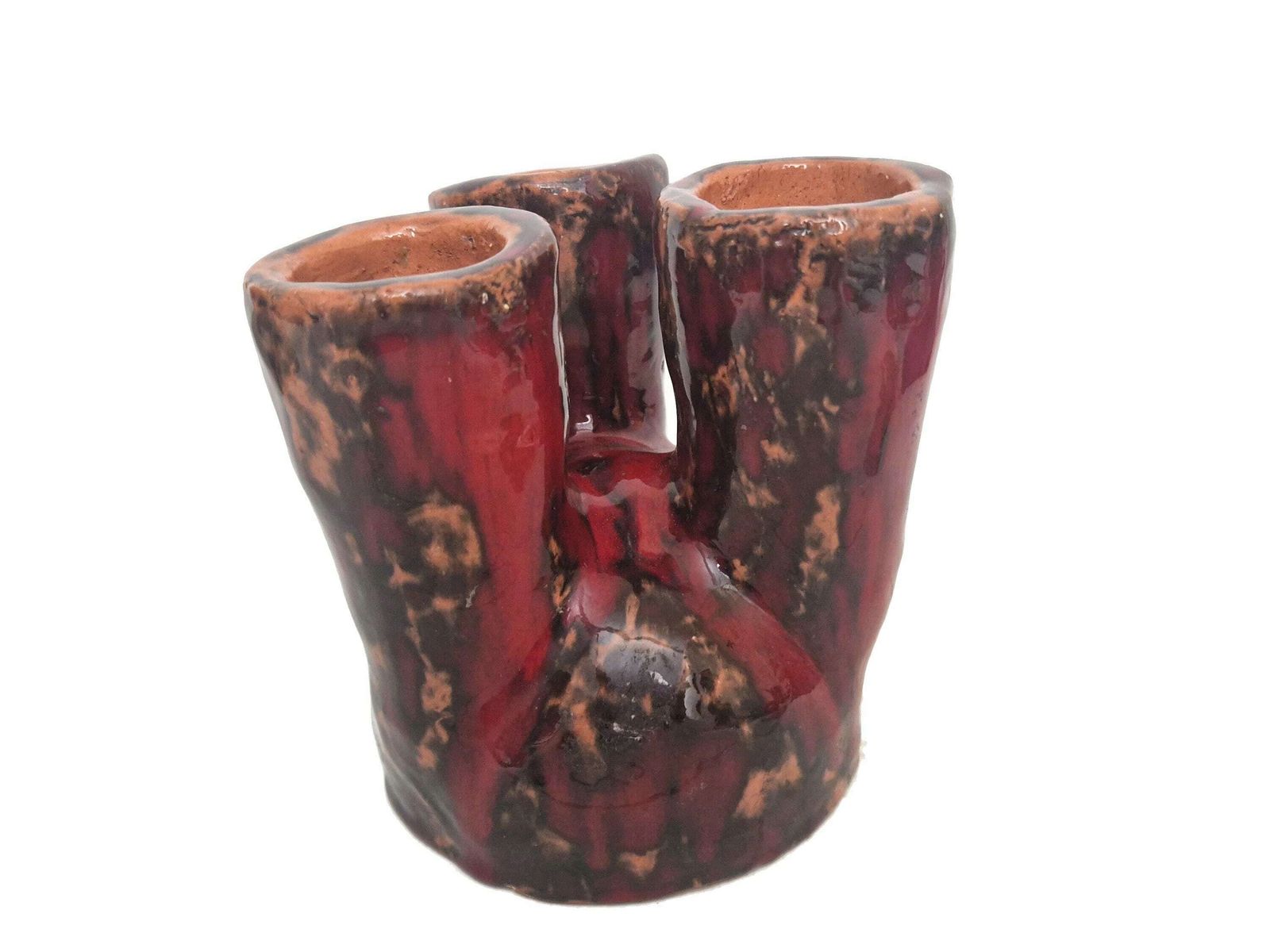 Mcm Studio Pottery Vase With Triple Stem Spouts, Mid Century Drip Glaze Abstract Vessel photo for sale
