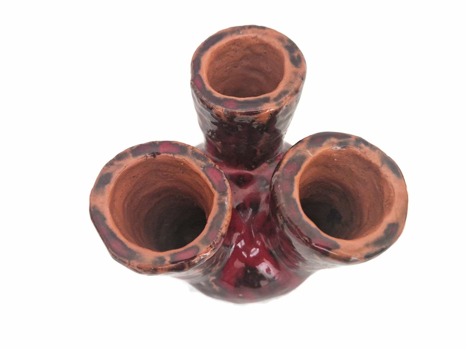 Mcm Studio Pottery Vase With Triple Stem Spouts, Mid Century Drip Glaze Abstract Vessel photo vinterior