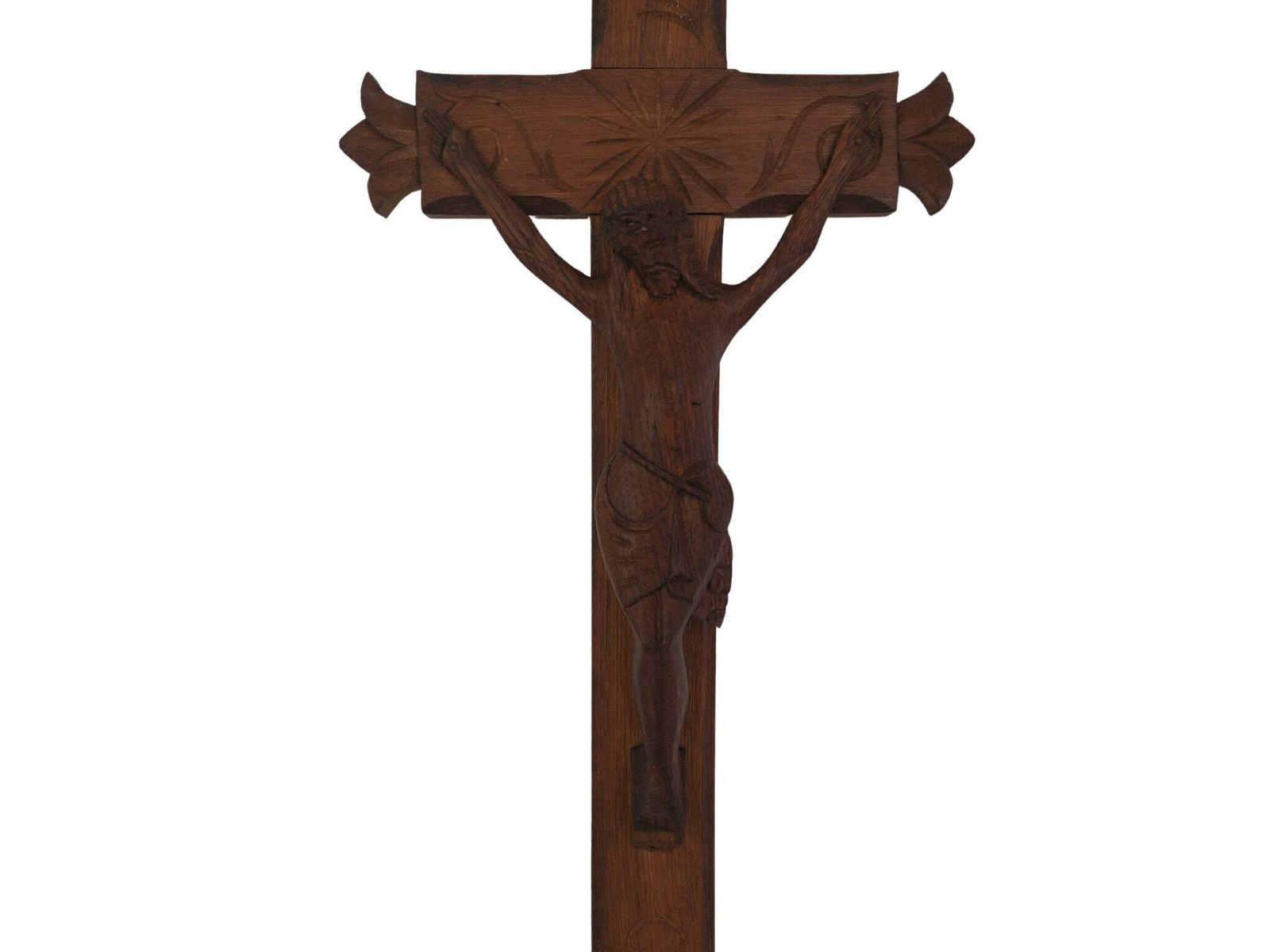 Primitive Hand Carved Wood Crucifix, Large French Wall Hanging Cross With Jesus Figurine photo Art