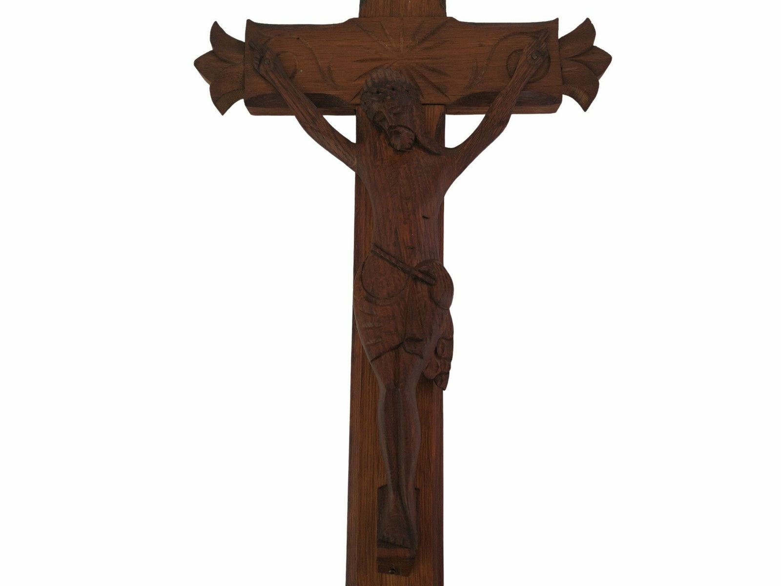 Primitive Hand Carved Wood Crucifix, Large French Wall Hanging Cross With Jesus Figurine photo buy