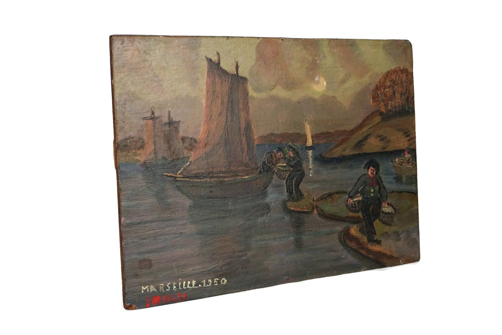 Fishing Boat And Fisherman Boat Painting, Original French Mediterranean Sea Coastal Art photo vintage