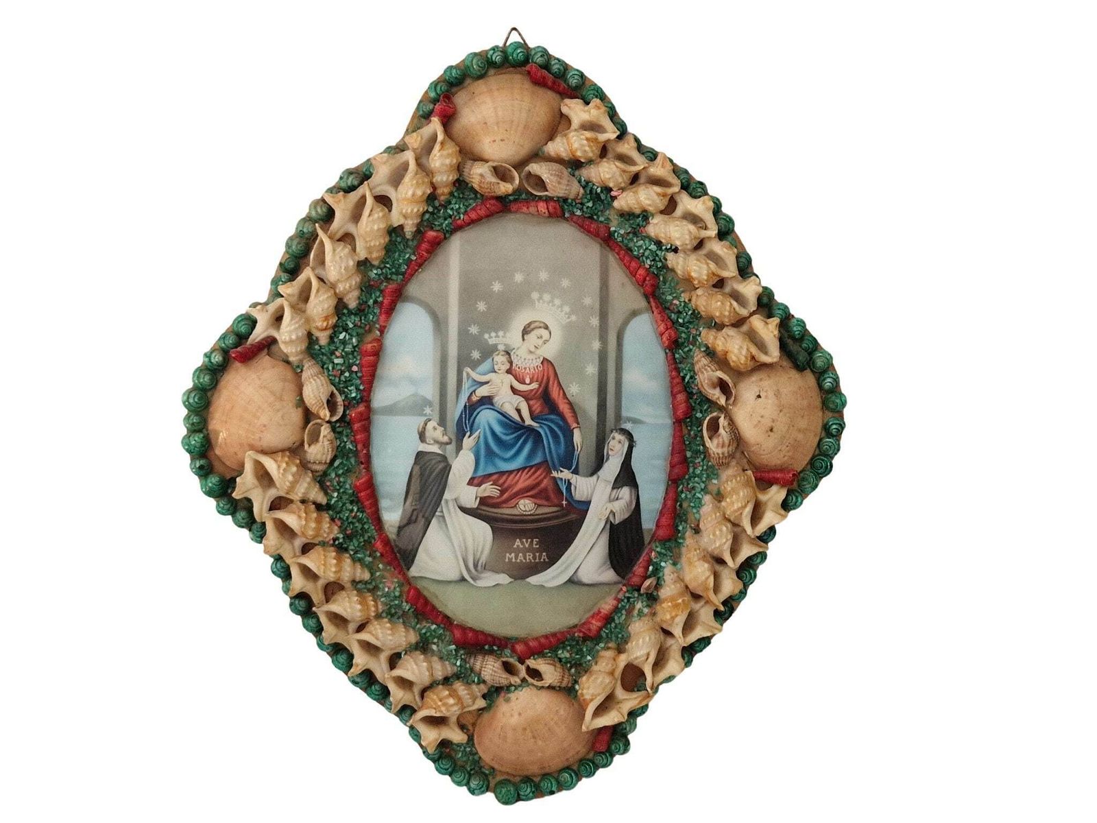 Mid Century Seashell Art Frame With Our Lady Of The Rosary, Vintage Mary And Jesus Portrait Art, Lady Of Pompeii Religious Souvenir.