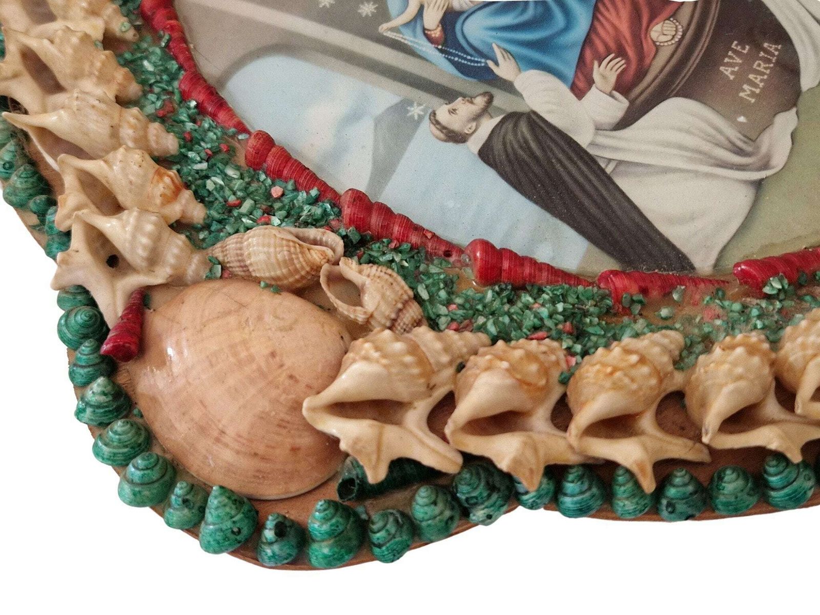 Mid Century Seashell Art Frame With Our Lady Of The Rosary, Vintage Mary And Jesus Portrait Art, Lady Of Pompeii Religious Souvenir. photo for sale