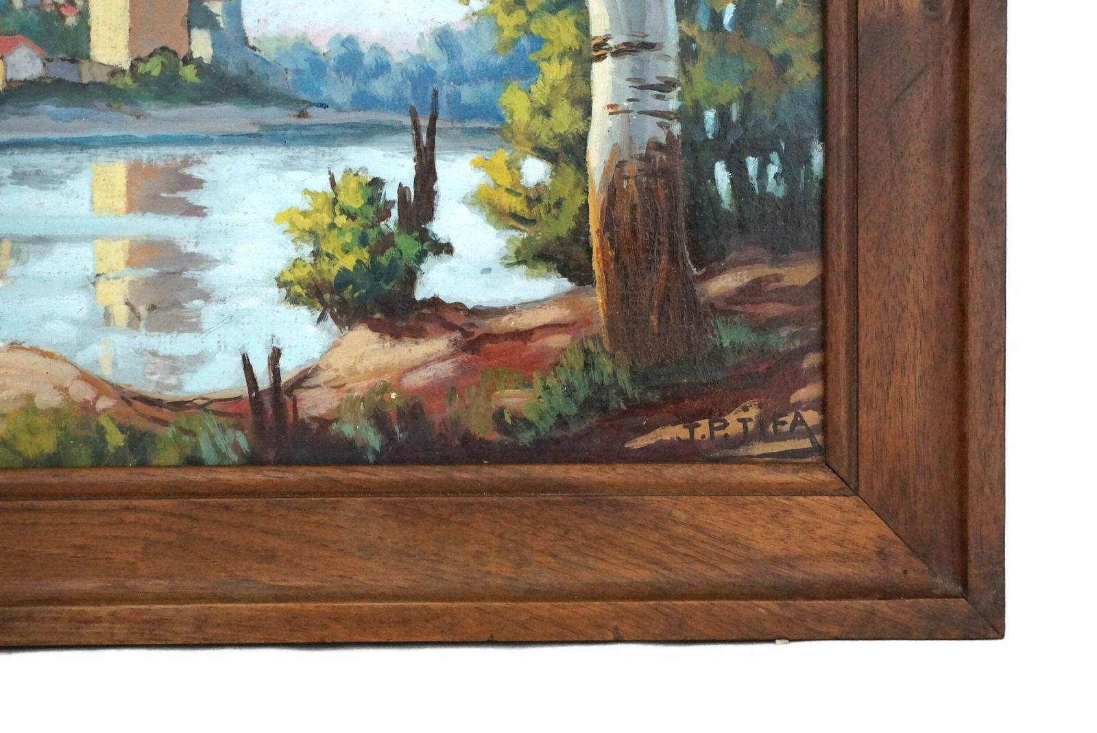 French River Landscape Painting With Tower And Fortress, Original Signed Art photo 189.0