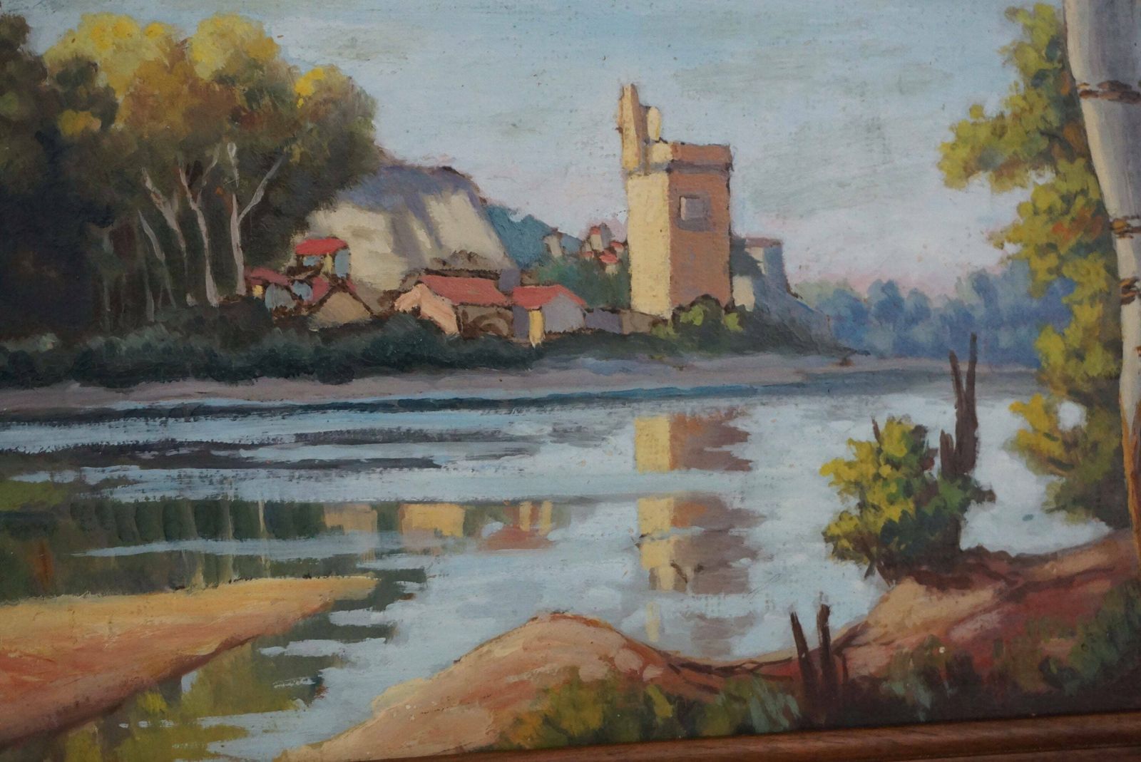 French River Landscape Painting With Tower And Fortress, Original Signed Art photo buy