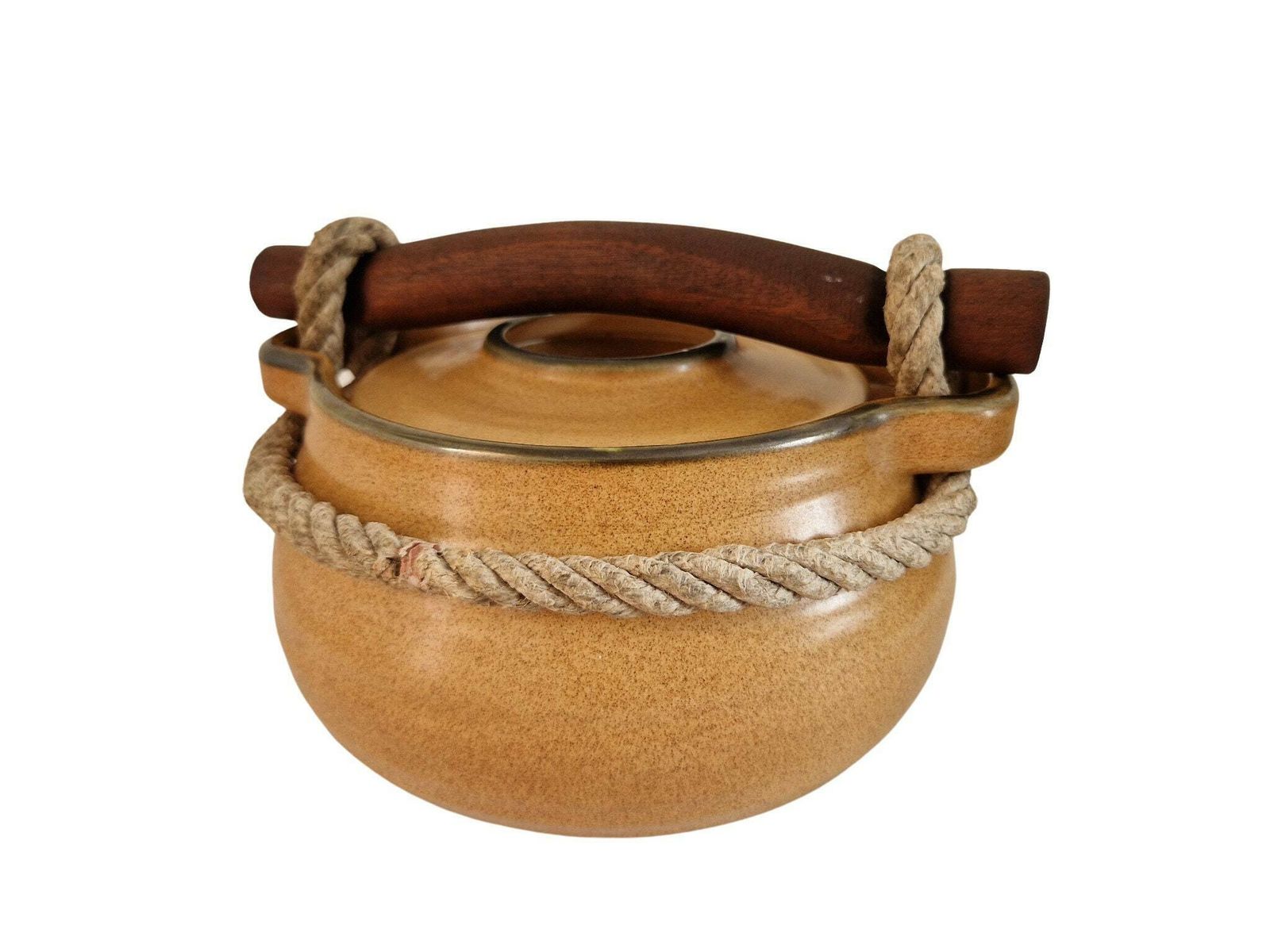 Vintage French Ceramic Casserole Dish With Rope And Wooden Handle, 1970s Salins Pottery Cooking Crock Pot photo Home Decor
