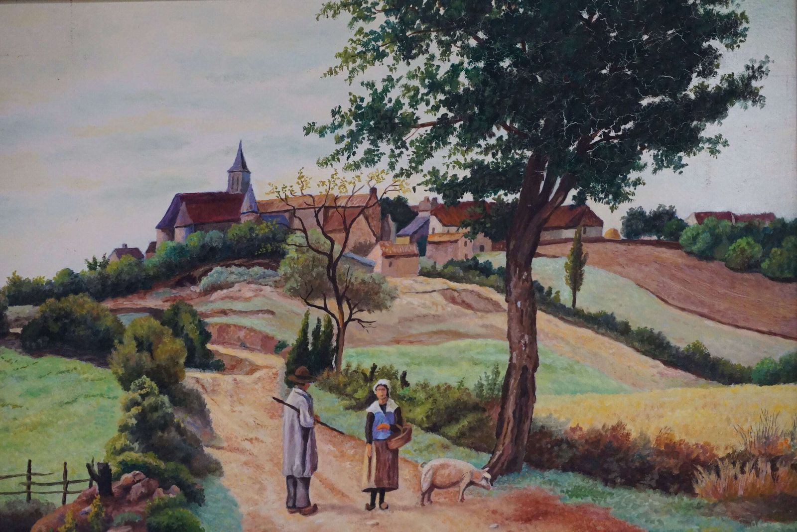 French Country Landscape Painting With Village And Man And Woman With Pig, Rustic Scenic Art photo 194.0