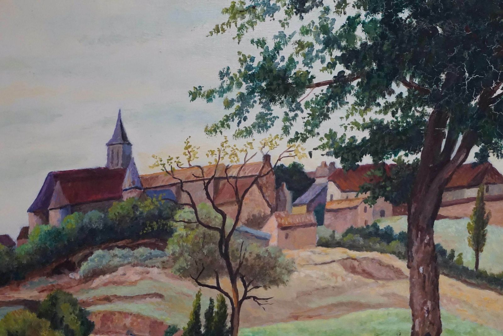 French Country Landscape Painting With Village And Man And Woman With Pig, Rustic Scenic Art photo buy