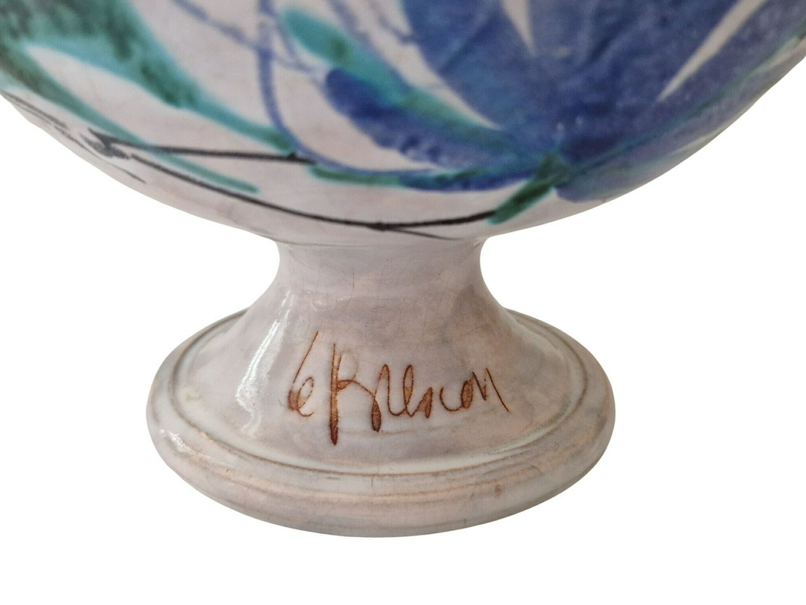 Art Pottery Fruit Bowl With Thistle Flowers By Le Brescon, French Mid Century Ceramic Centerpiece photo Home Decor