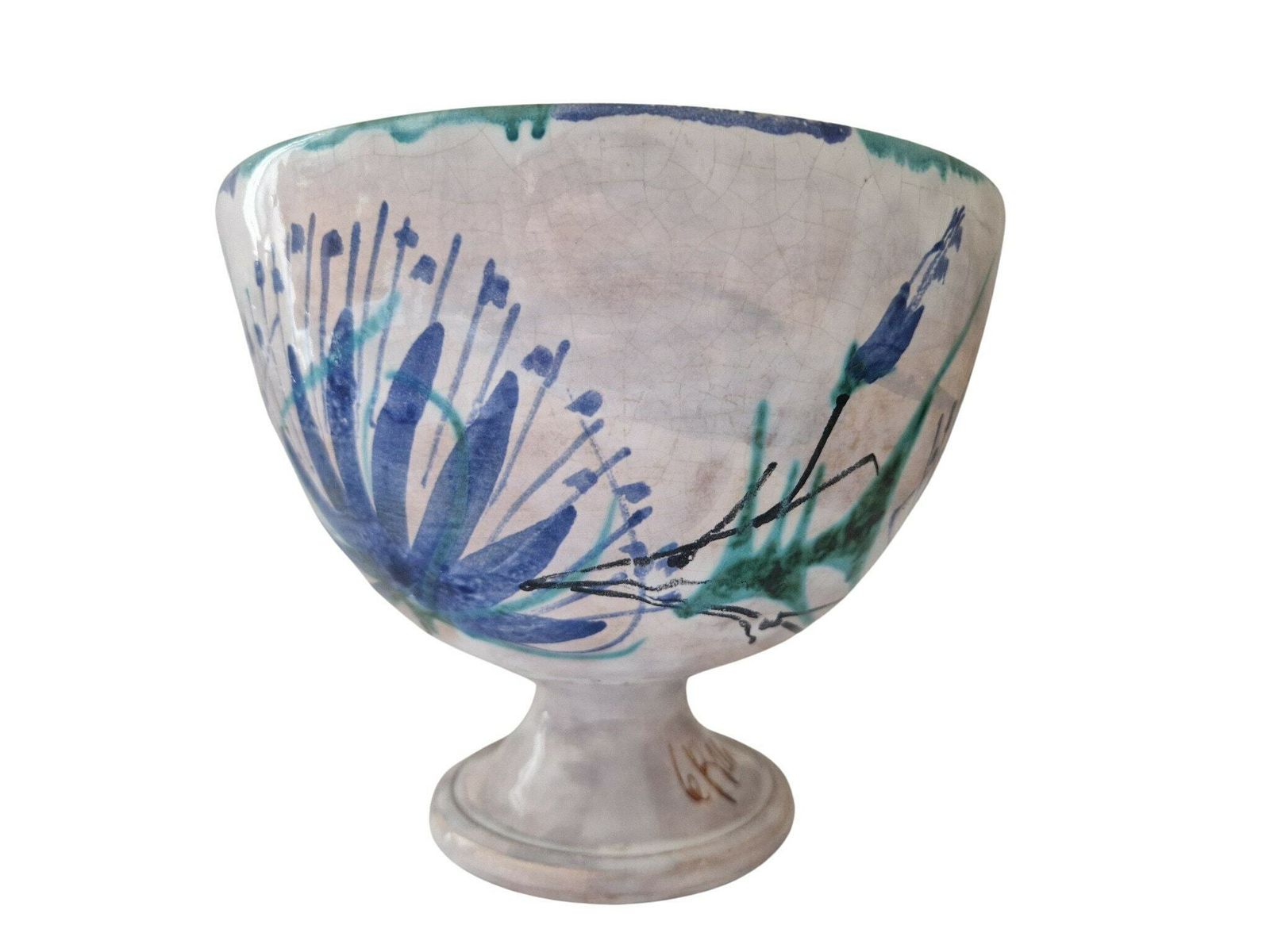 Art Pottery Fruit Bowl With Thistle Flowers By Le Brescon, French Mid Century Ceramic Centerpiece photo vinterior
