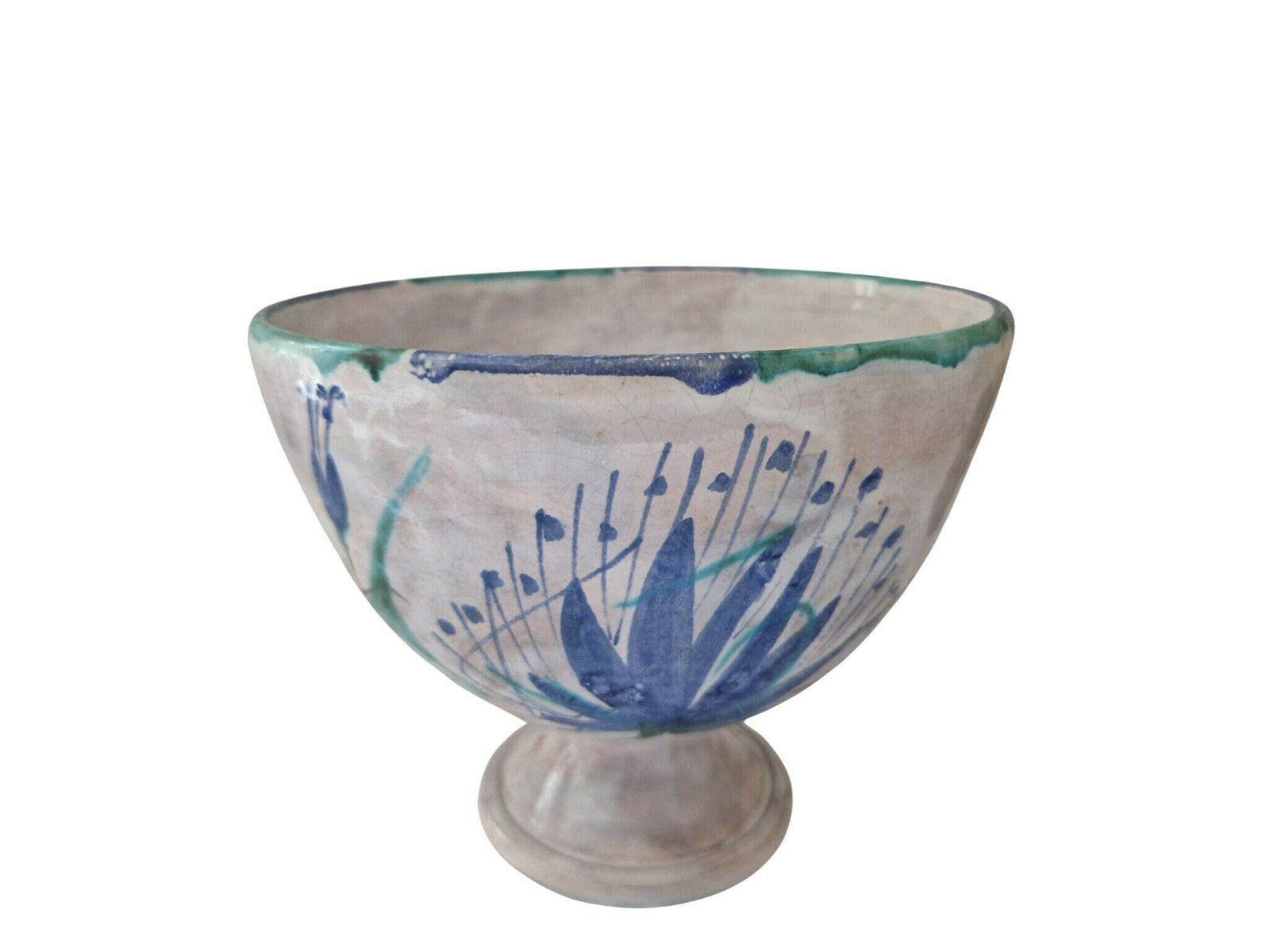 Art Pottery Fruit Bowl With Thistle Flowers By Le Brescon, French Mid Century Ceramic Centerpiece photo vintage