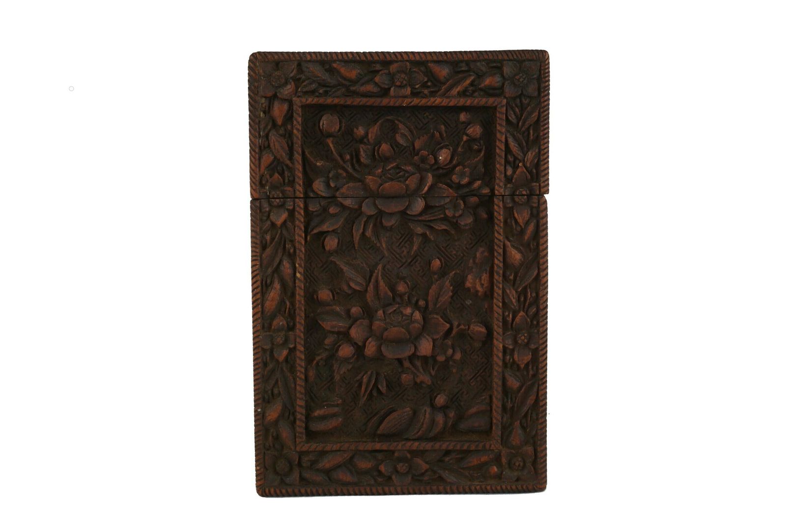 Antique Chinese Hand Carved Sandalwood Calling Card Case With Flowers, Victorian Wooden Box