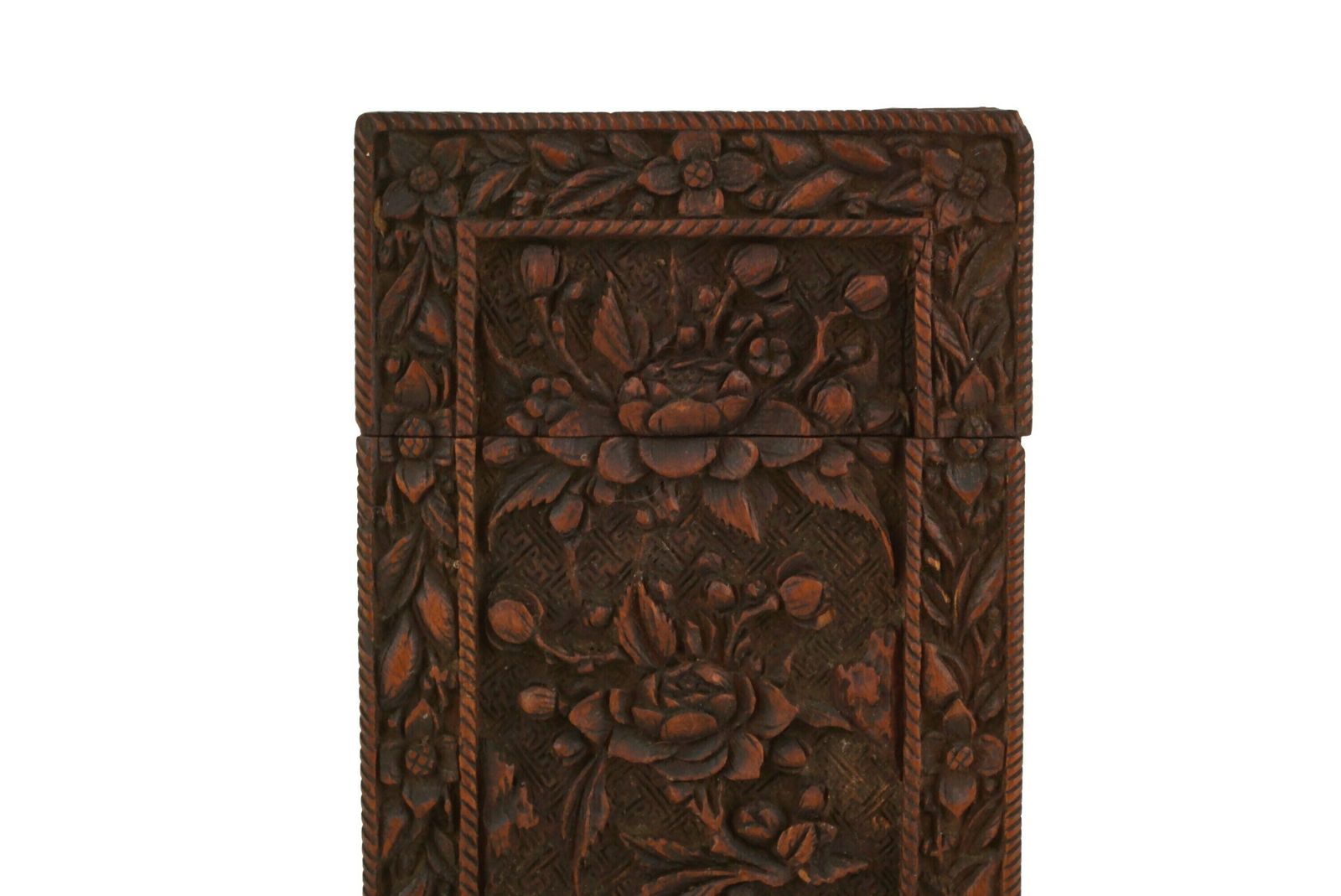 Antique Chinese Hand Carved Sandalwood Calling Card Case With Flowers, Victorian Wooden Box photo for sale