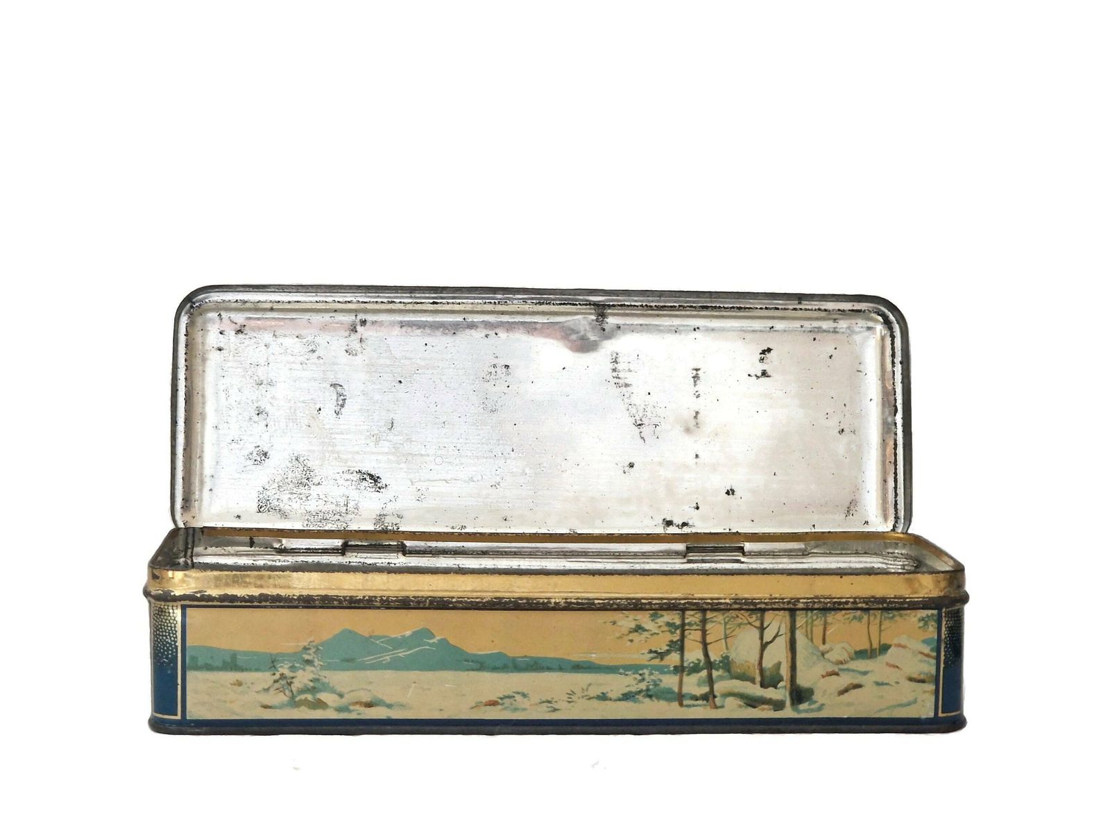 French Tin Candy Box With Snowy Winter Scene And Village In Country Landscape photo 66.0
