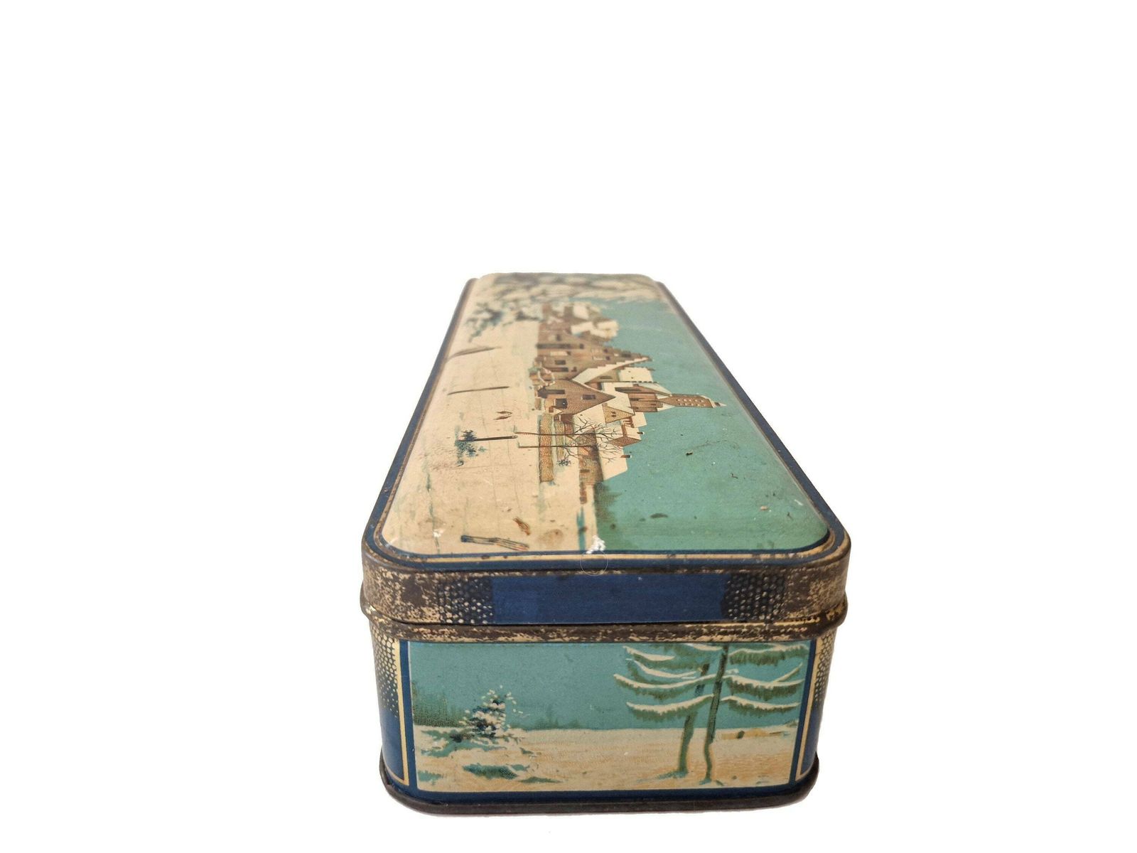 French Tin Candy Box With Snowy Winter Scene And Village In Country Landscape photo vintage